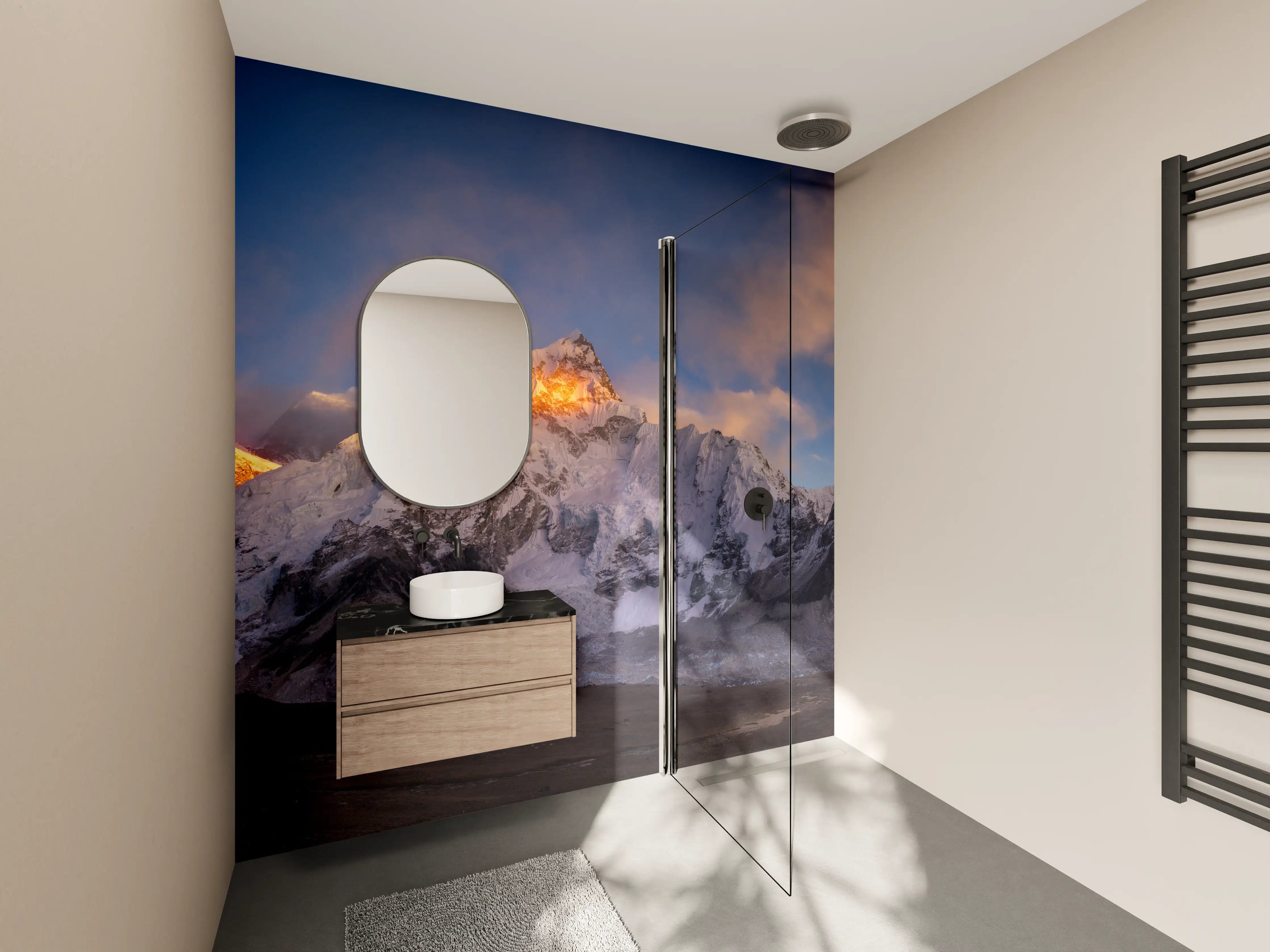 Wandverkleidung Bad - Majestätische Schneegipfel bei Sonnenaufgang