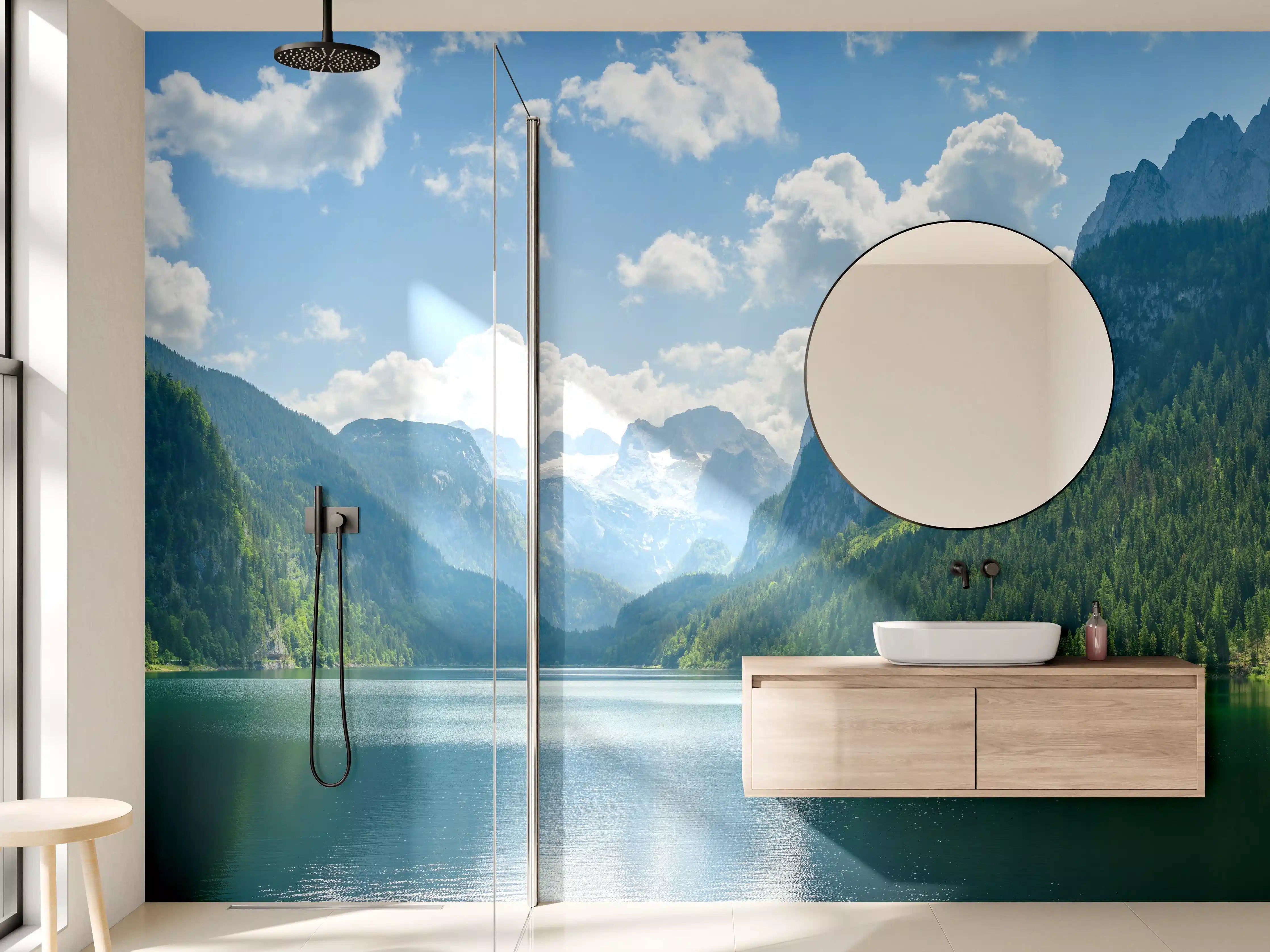 Wandverkleidung Bad - Majestätische bergsee mit grünen Hängen