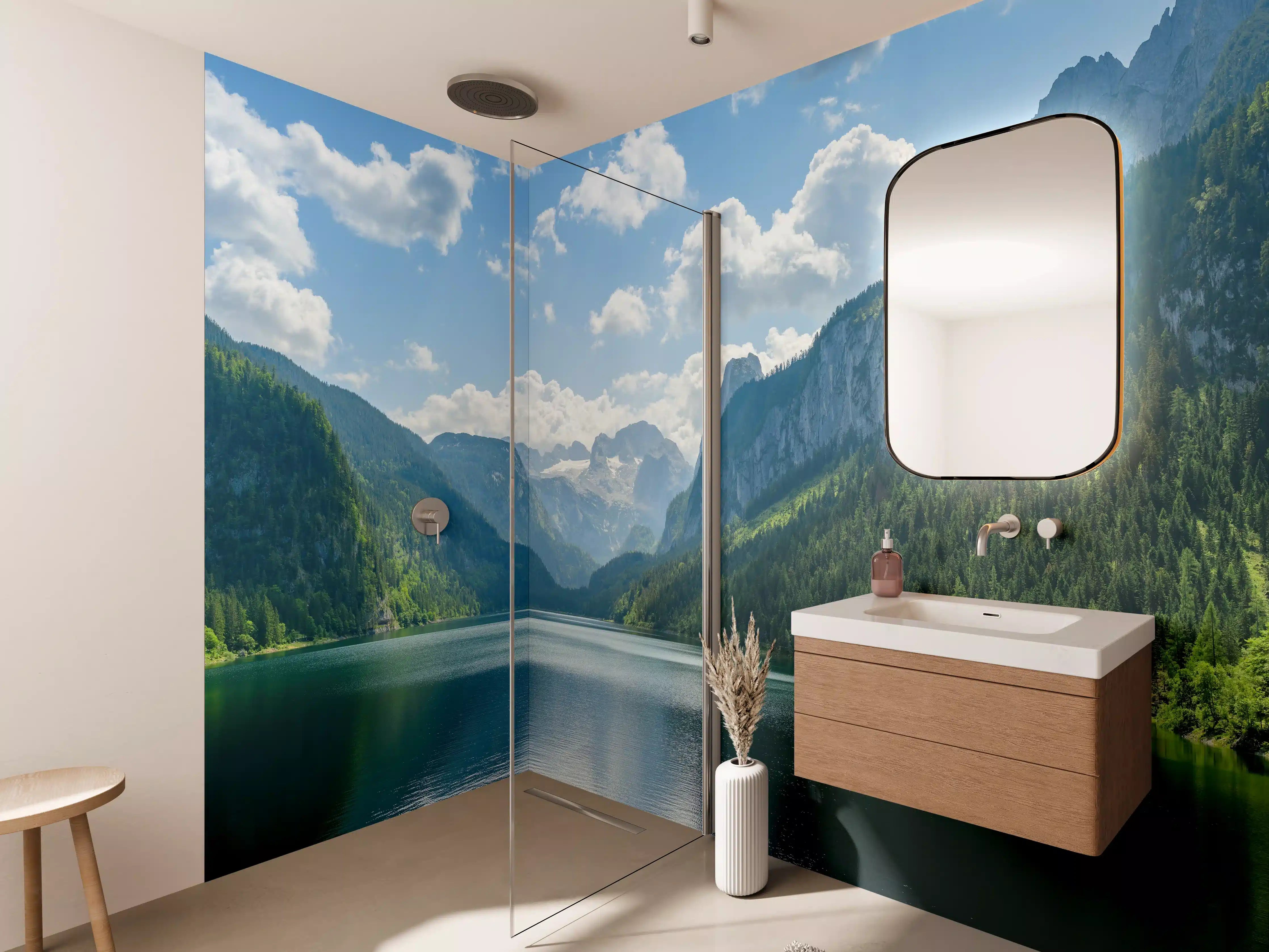 Wandverkleidung Bad - Majestätische bergsee mit grünen Hängen