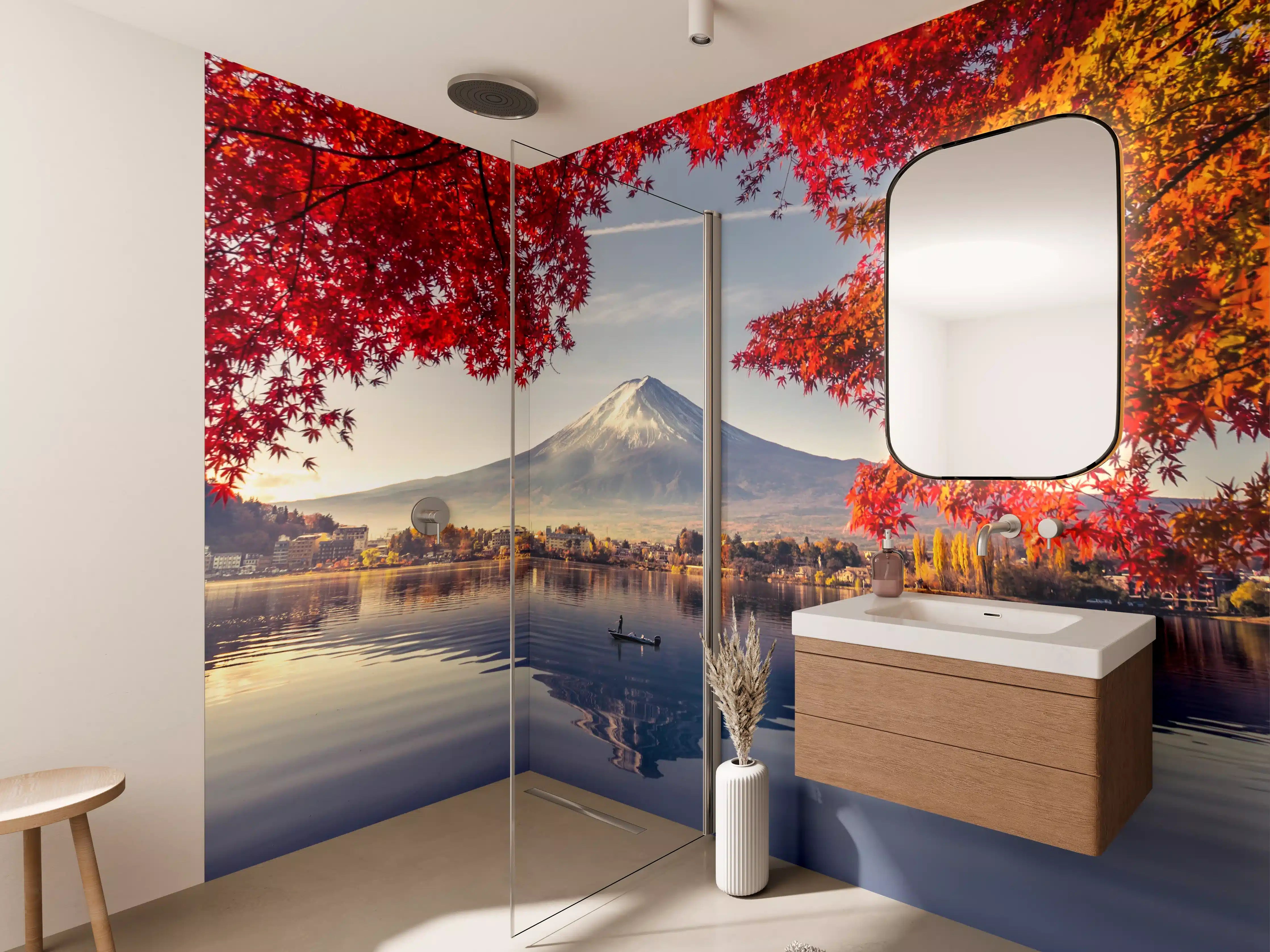 Wandverkleidung Bad - Majestätischer Mount Fuji mit Herbstlaub
