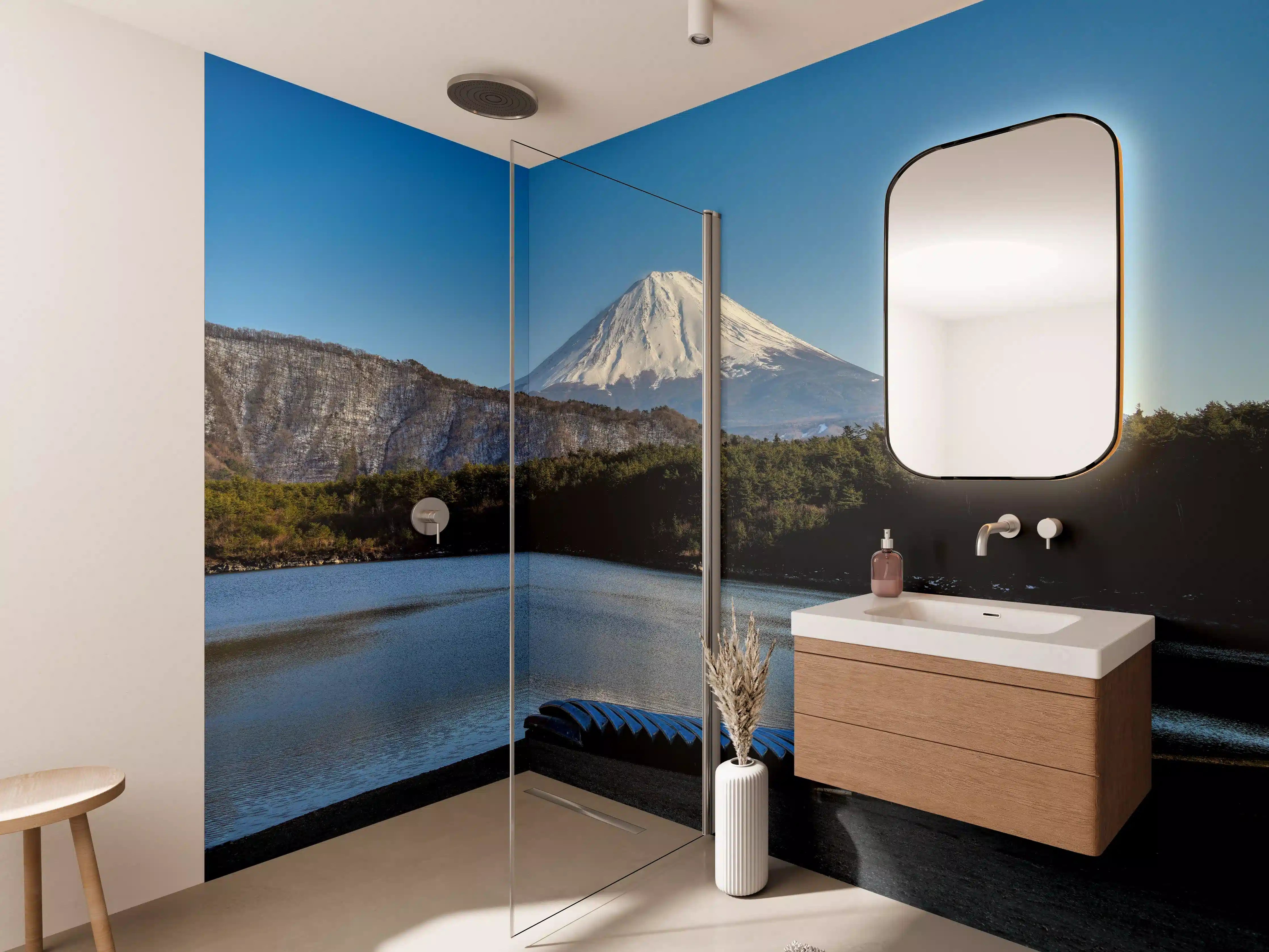 Wandverkleidung Bad - Majestätischer Mount Fuji mit See und Boot