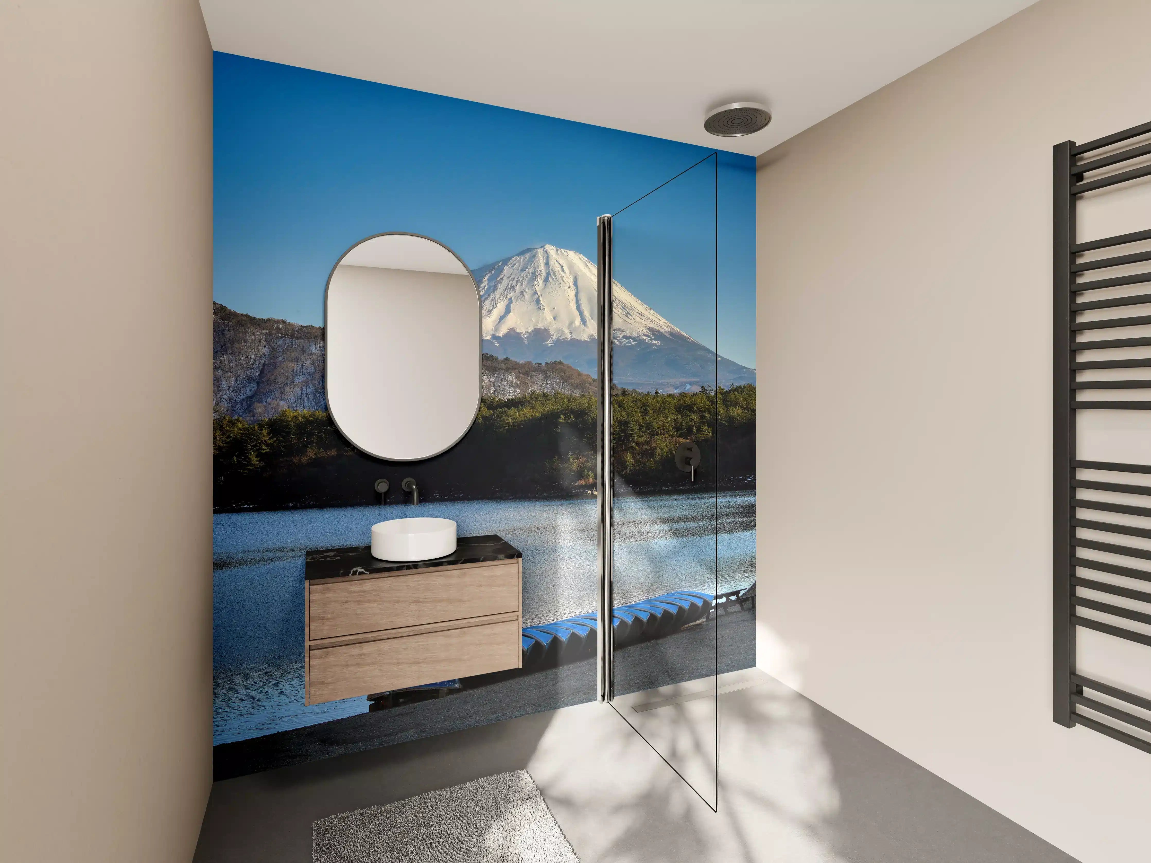 Wandverkleidung Bad - Majestätischer Mount Fuji mit See und Boot
