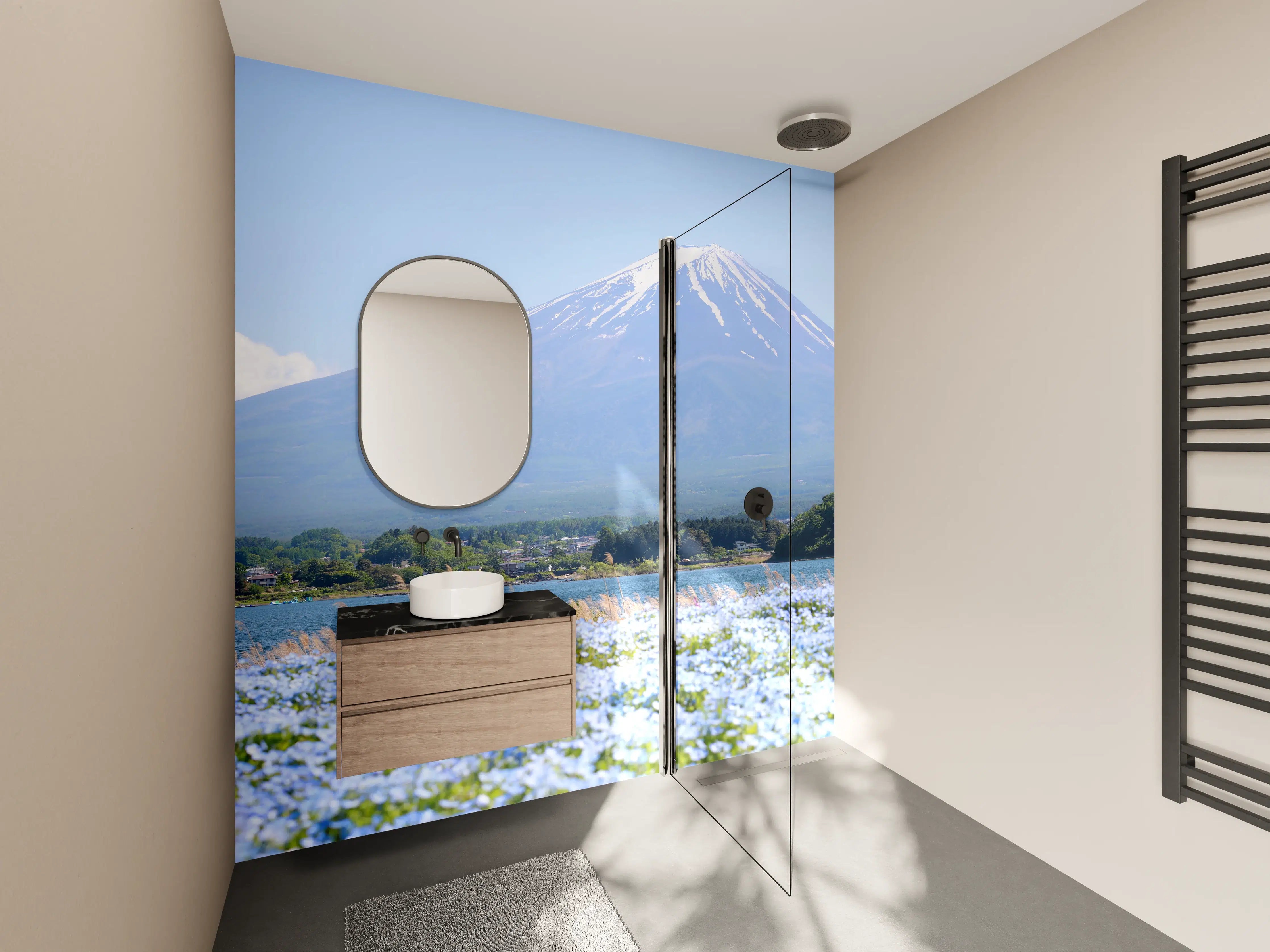 Wandverkleidung Bad - Majestätischer Mount Fuji mit blühendem Feld