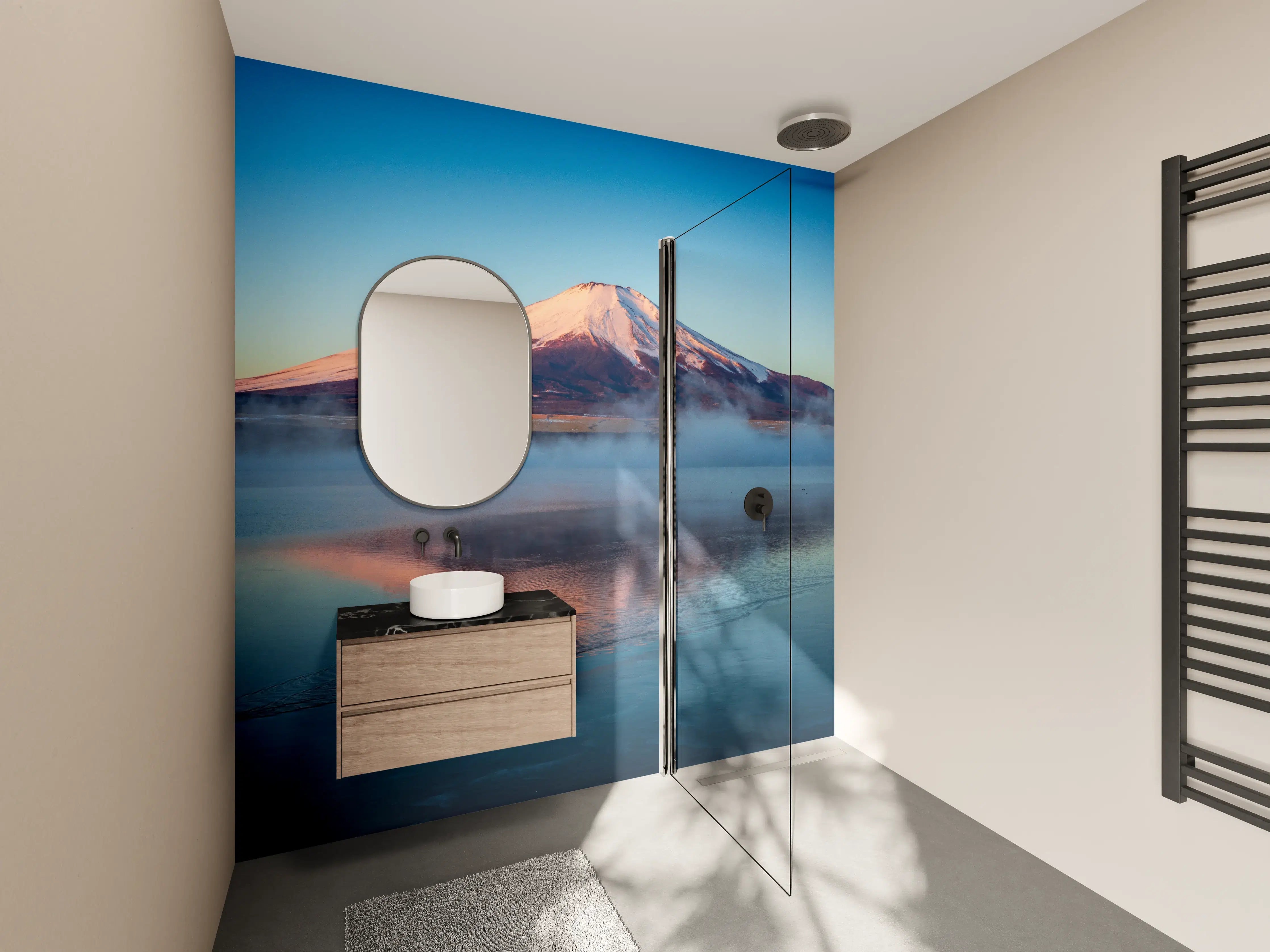 Wandverkleidung Bad - Majestätischer Vulkan mit spiegelnder Wasseroberfläche