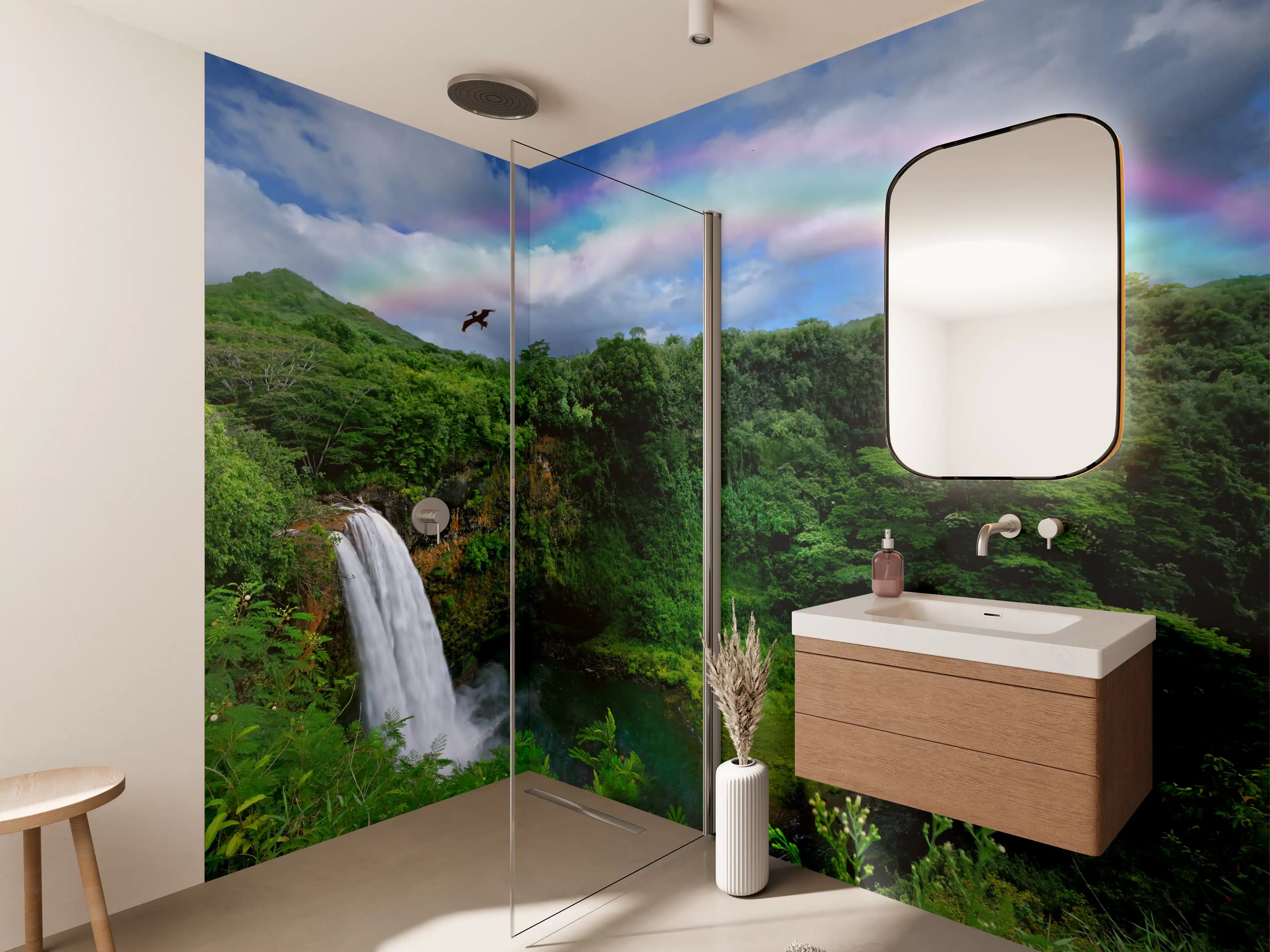 Wandverkleidung Bad - Majestätischer Wasserfall mit Regenbogen und Vogel