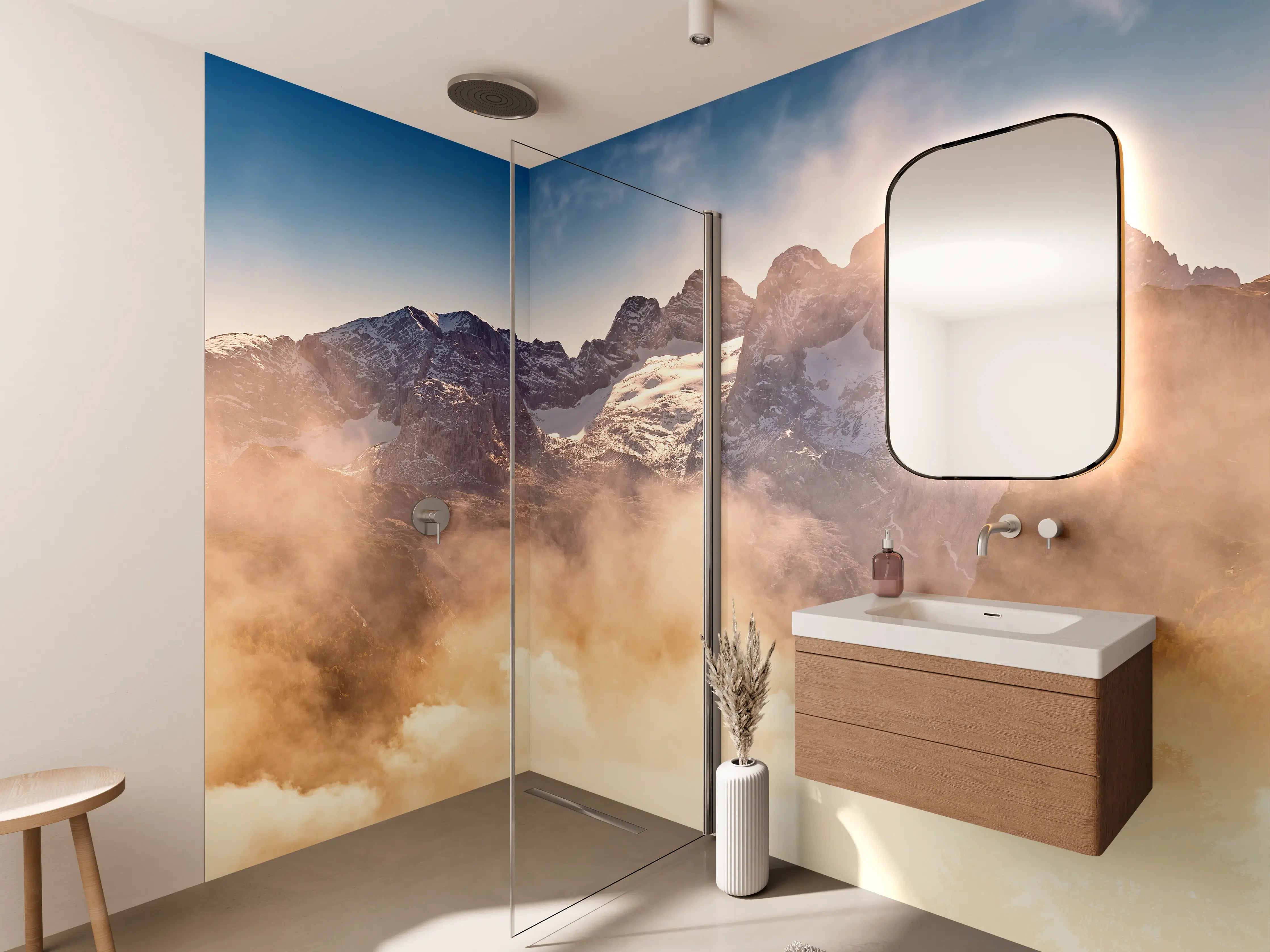 Wandverkleidung Bad - Majestätisches Bergpanorama im Morgengrauen