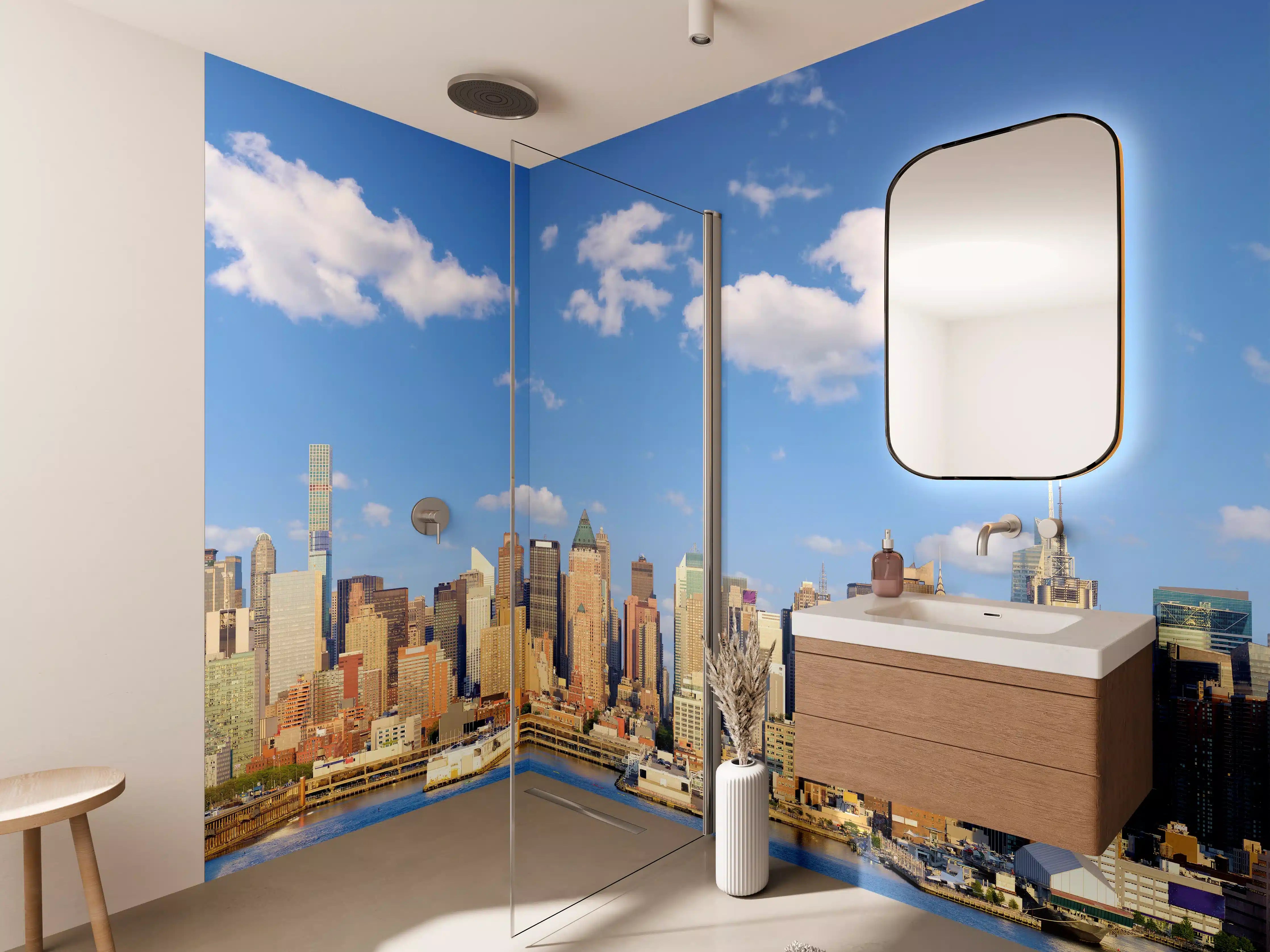 Wandverkleidung Bad - Manhattan Skyline Blau-Beige