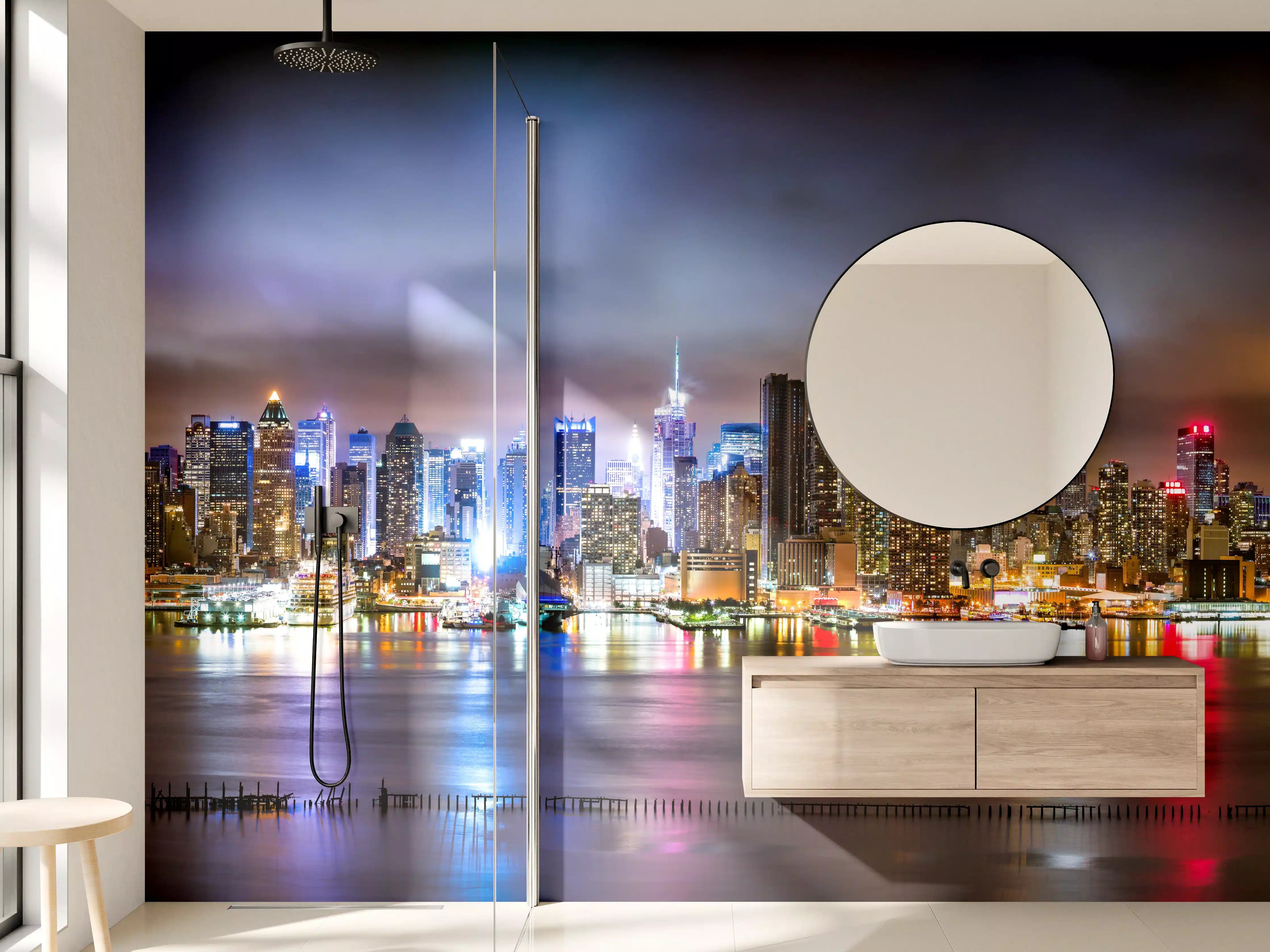 Wandverkleidung Bad - Manhattan Skyline im nächtlichen Panorama