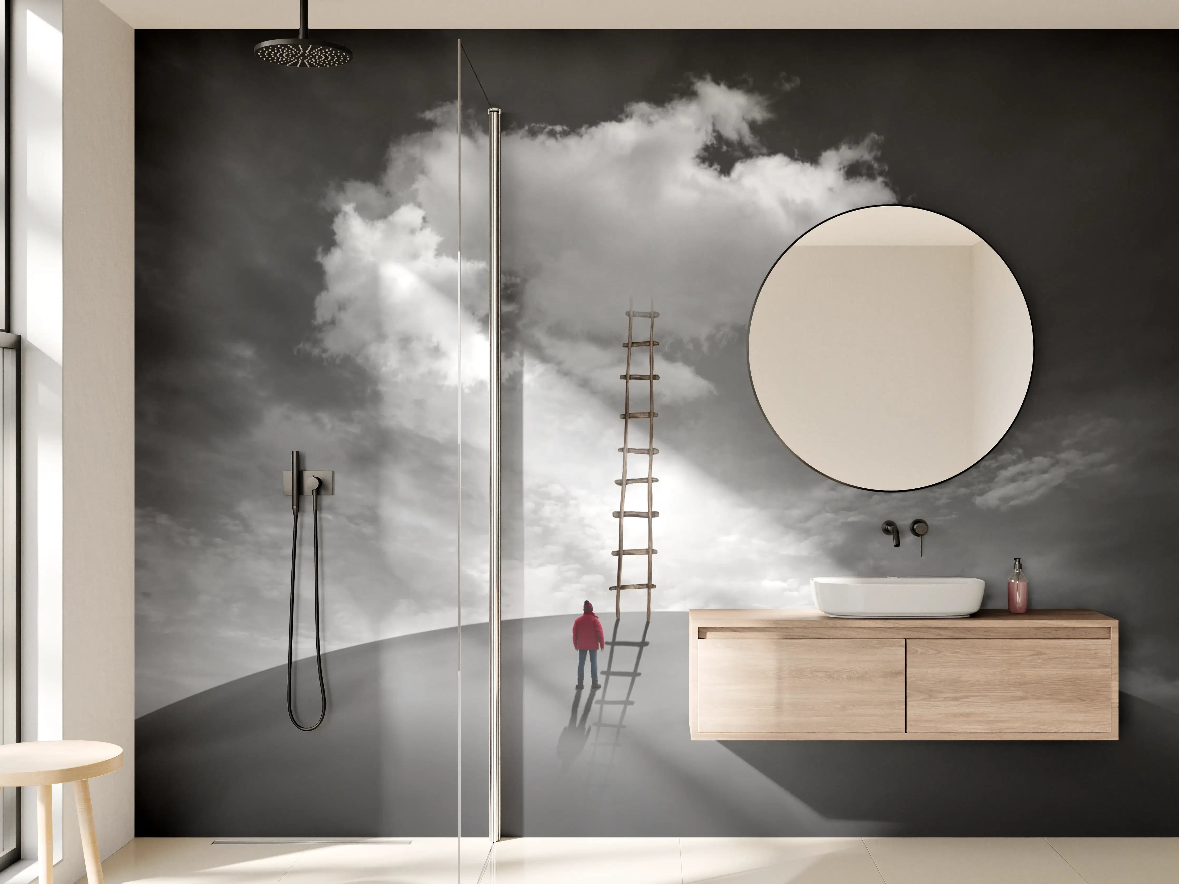 Wandverkleidung Bad - Mann vor Wolke mit Leiter