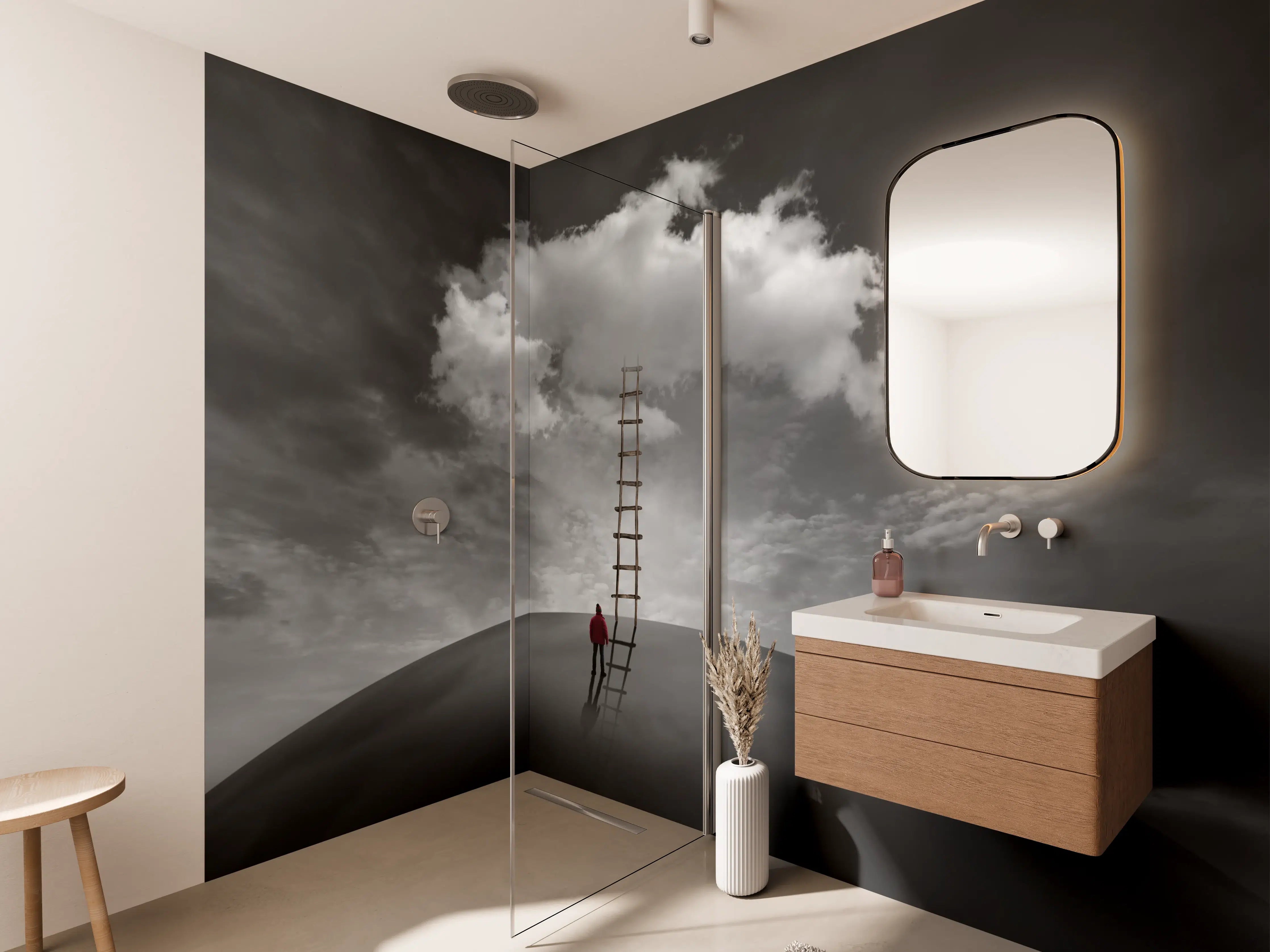 Wandverkleidung Bad - Mann vor Wolke mit Leiter