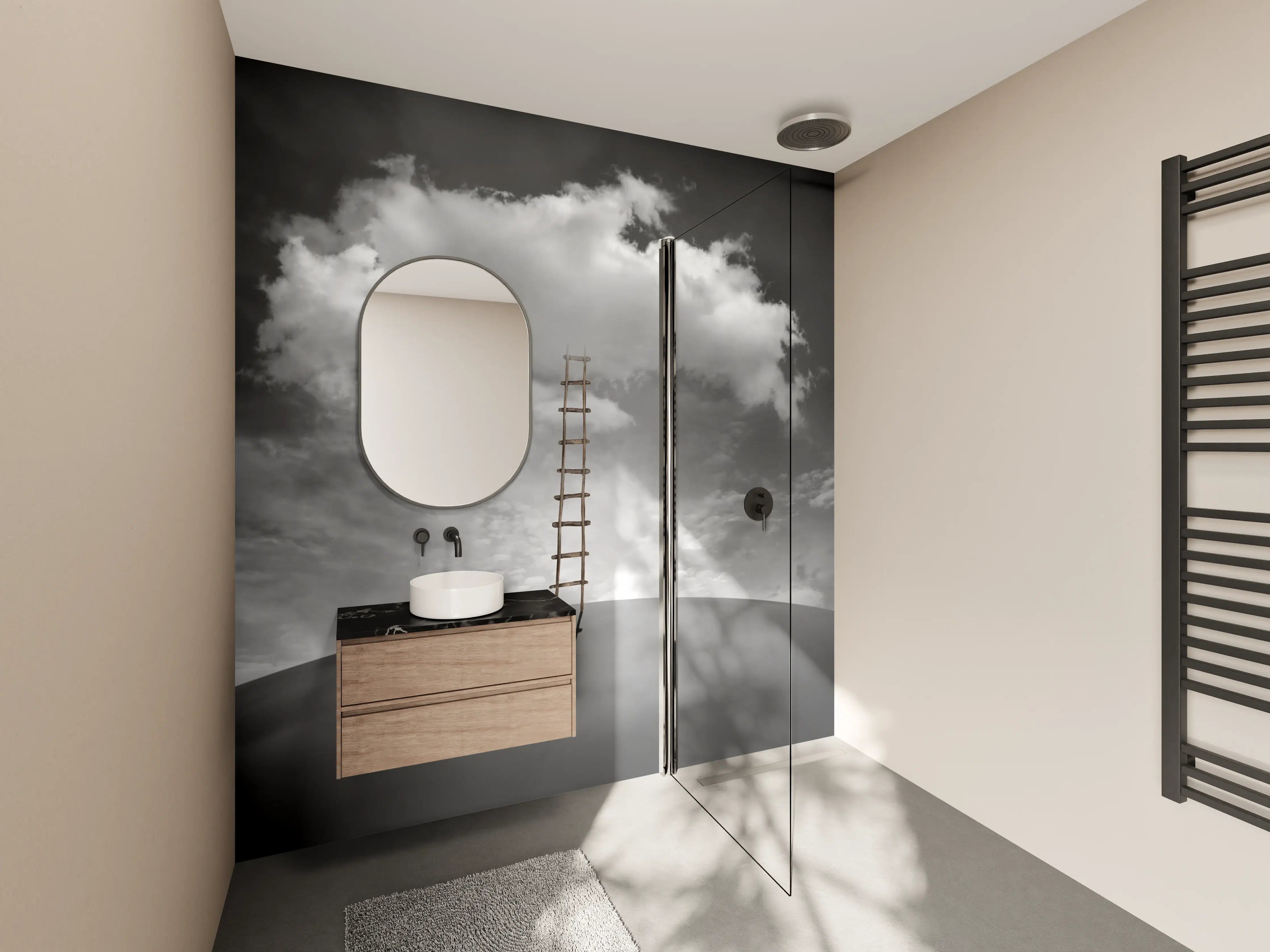 Wandverkleidung Bad - Mann vor Wolke mit Leiter