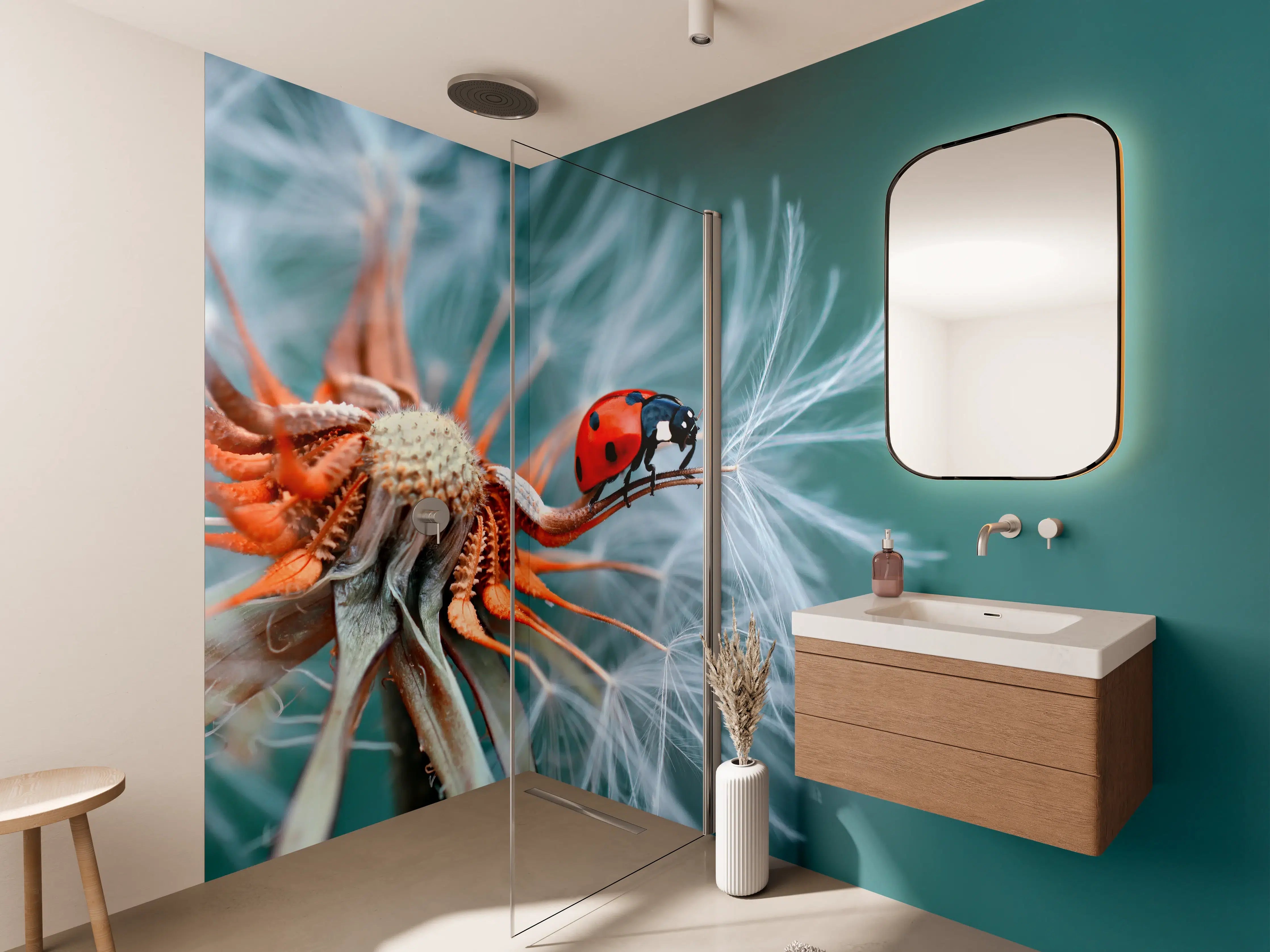 Wandverkleidung Bad - Marienkäfer auf Pusteblume