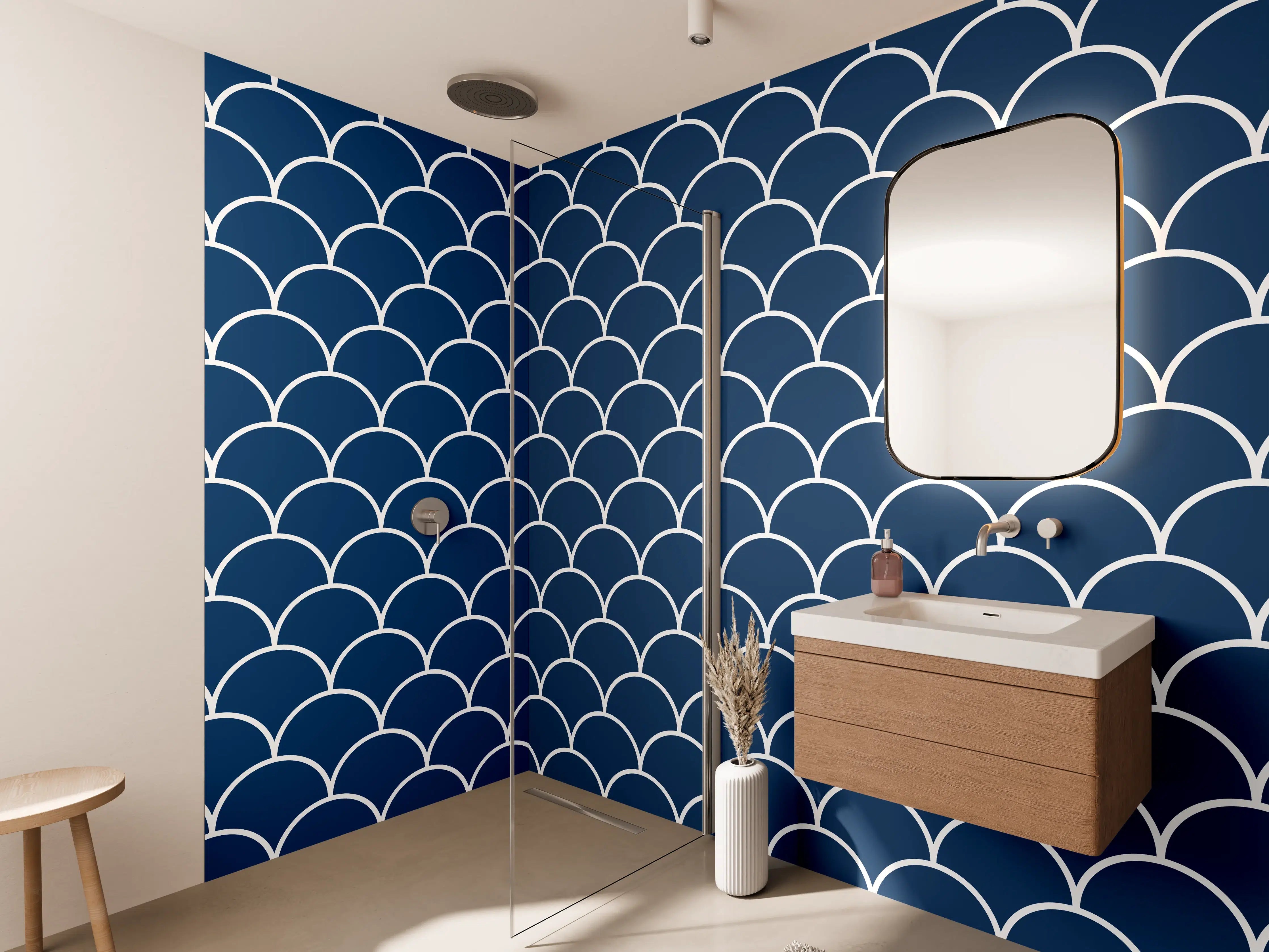 Wandverkleidung Bad - Marine-Design in Dunkelblau mit weißen Mustern