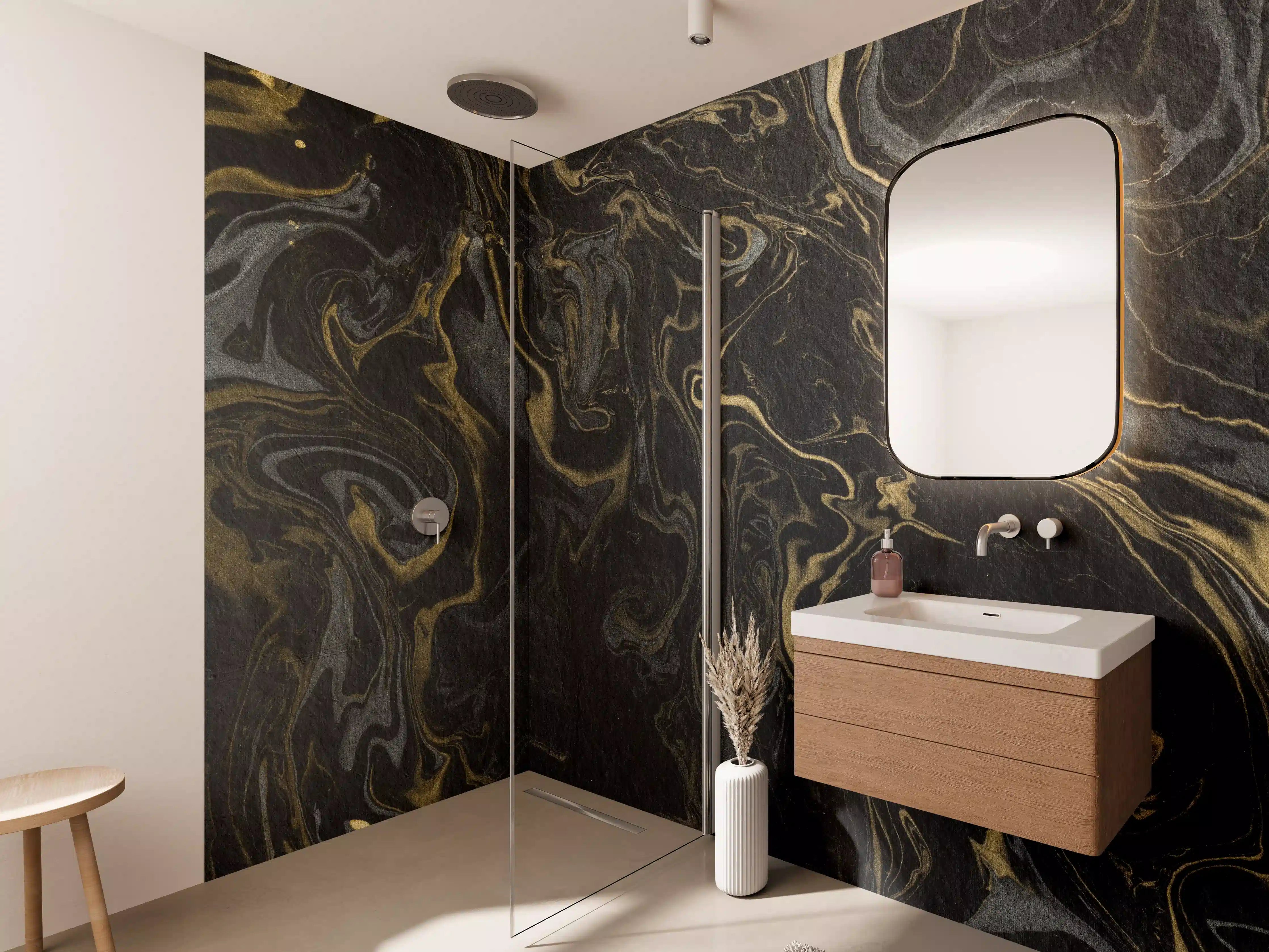 Wandverkleidung Bad - Marmor mit antikem goldenen und weißen Muster