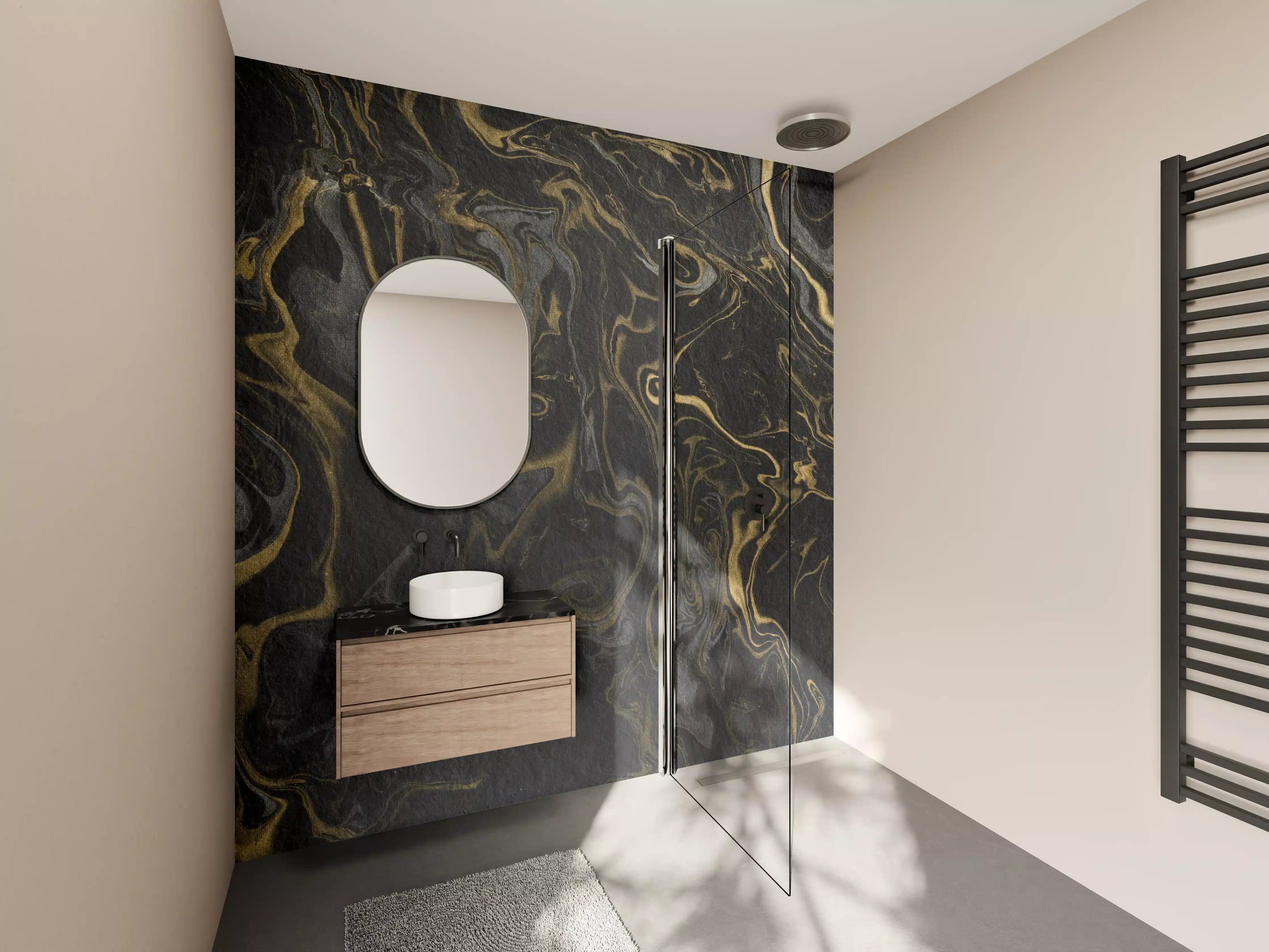 Wandverkleidung Bad - Marmor mit antikem goldenen und weißen Muster