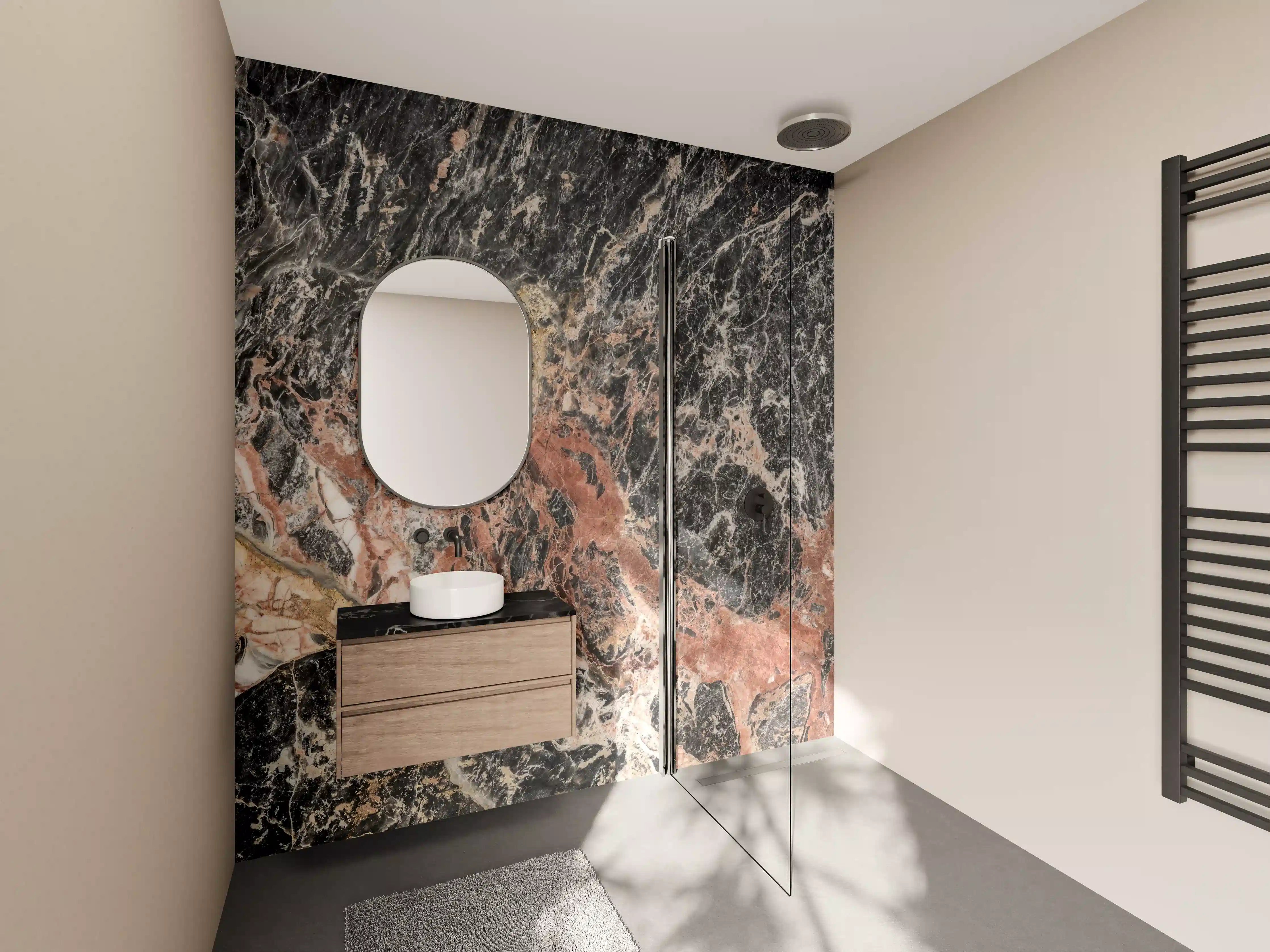 Wandverkleidung Bad - Marmorierte Farbvielfalt in warmen Tönen