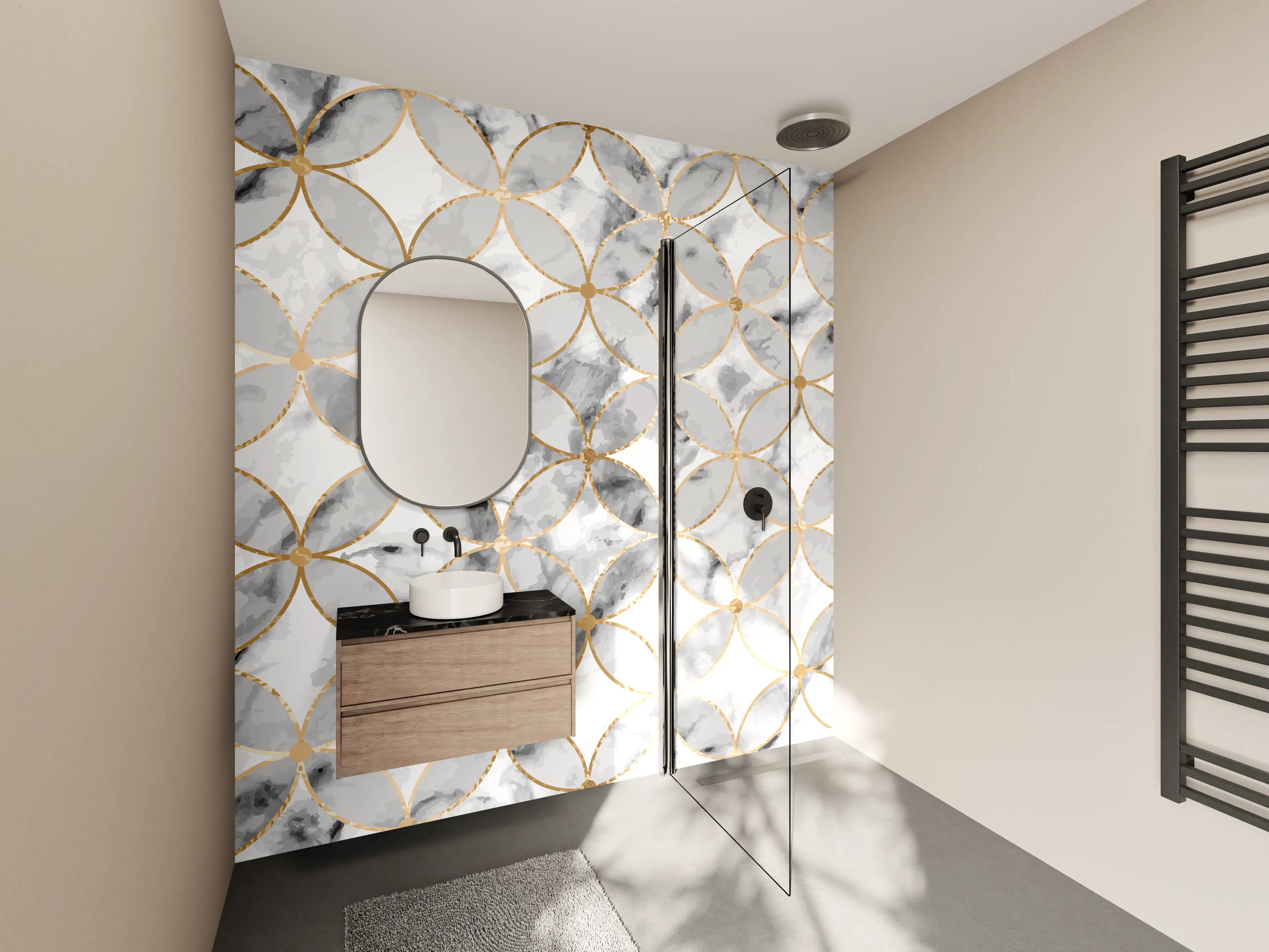 Wandverkleidung Bad - Marmoroptik Gold Grau Weiß