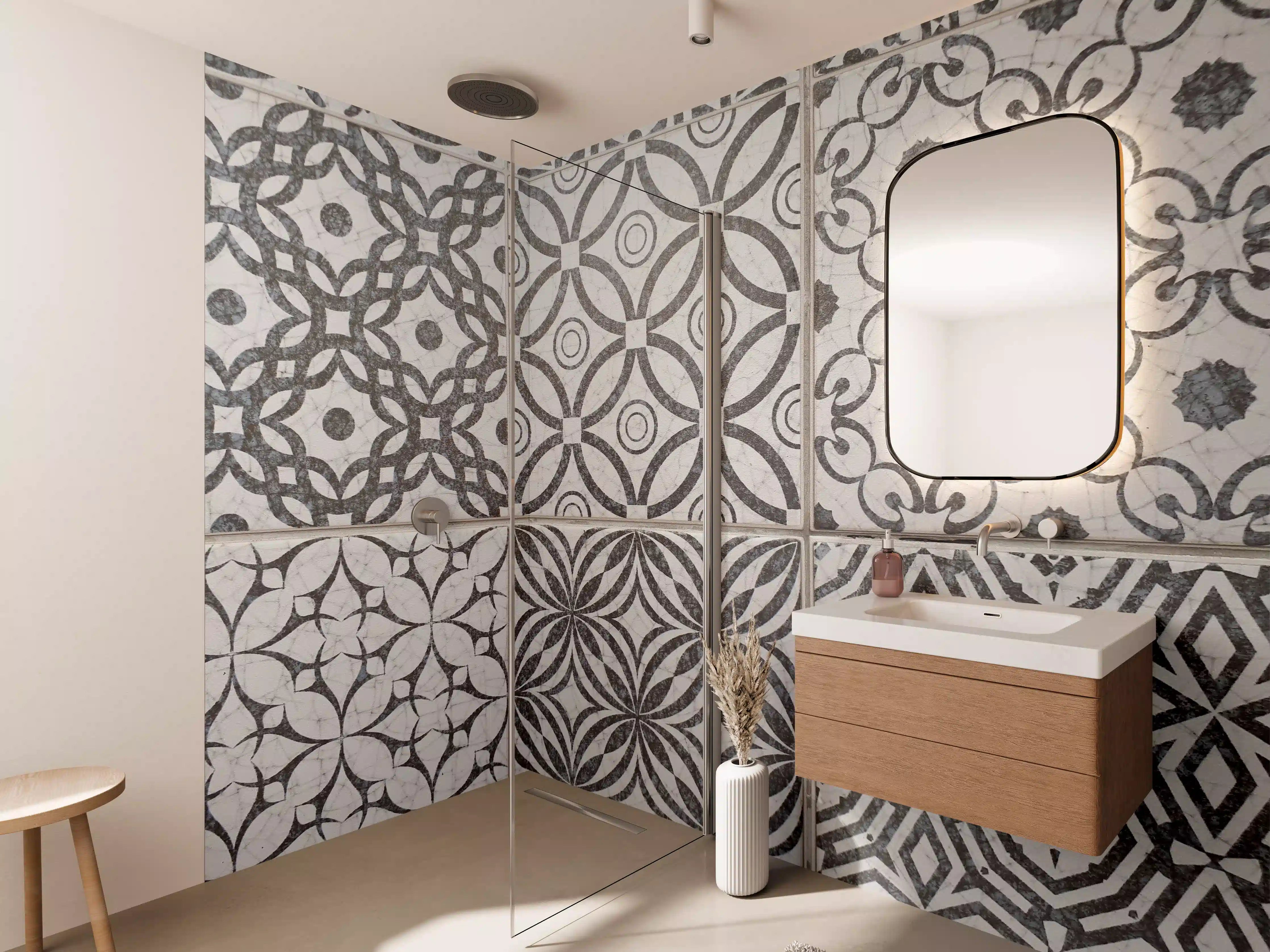 Wandverkleidung Bad - Marokkanische Muster in Schwarz-Weiß