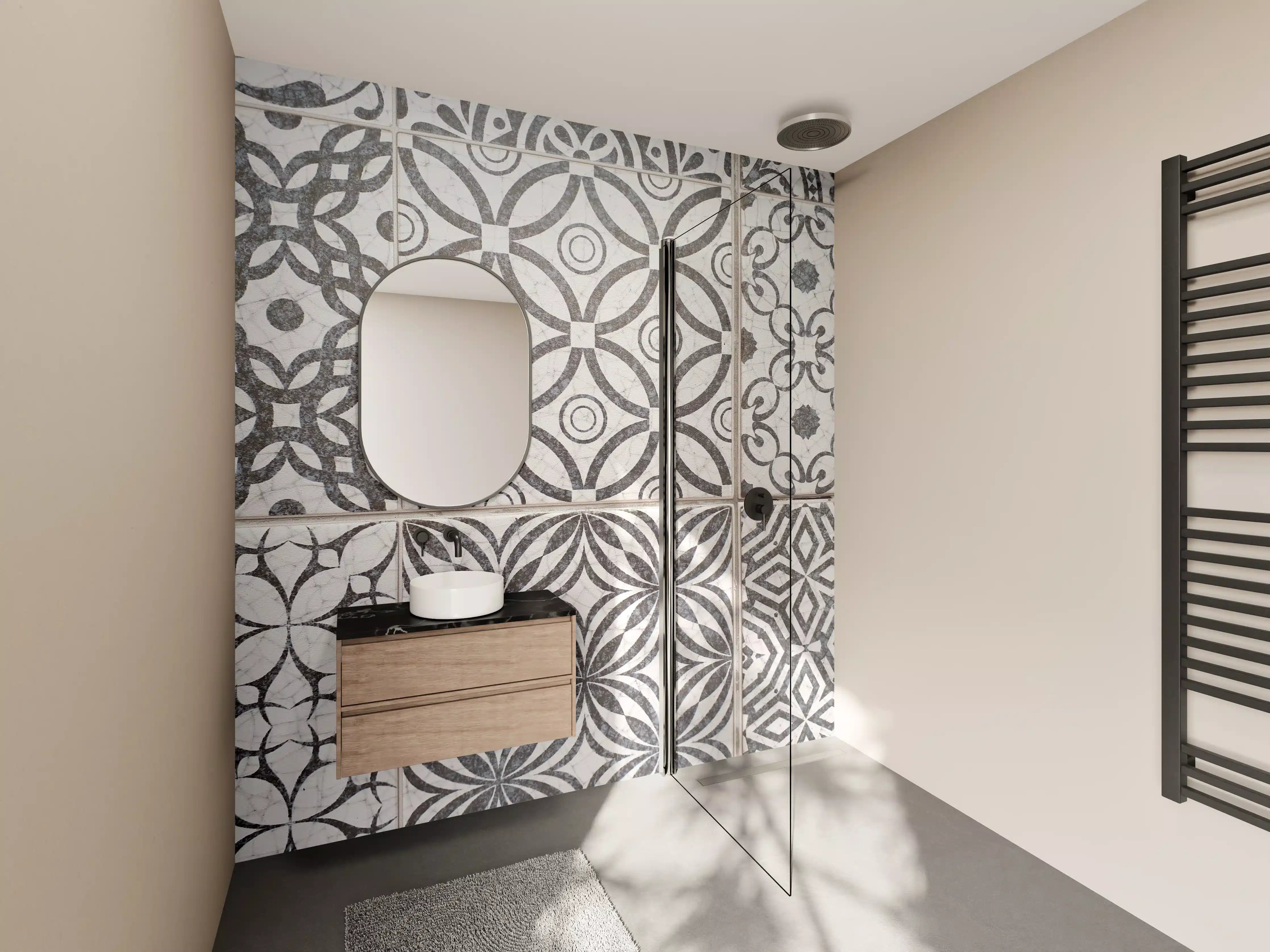 Wandverkleidung Bad - Marokkanische Muster in Schwarz-Weiß