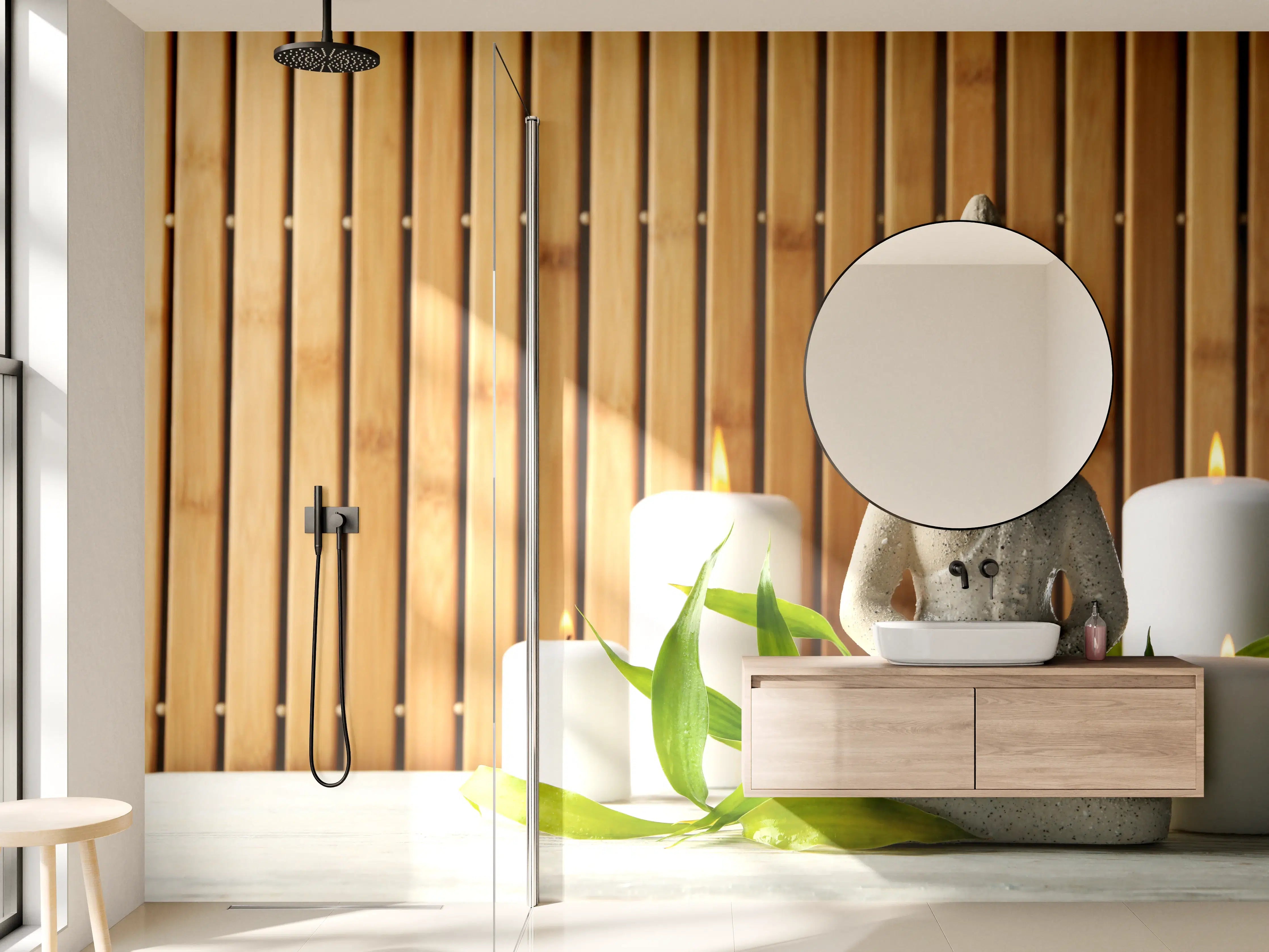 Wandverkleidung Bad - Meditativer Buddhastatue mit Kerzen und grünen Blättern