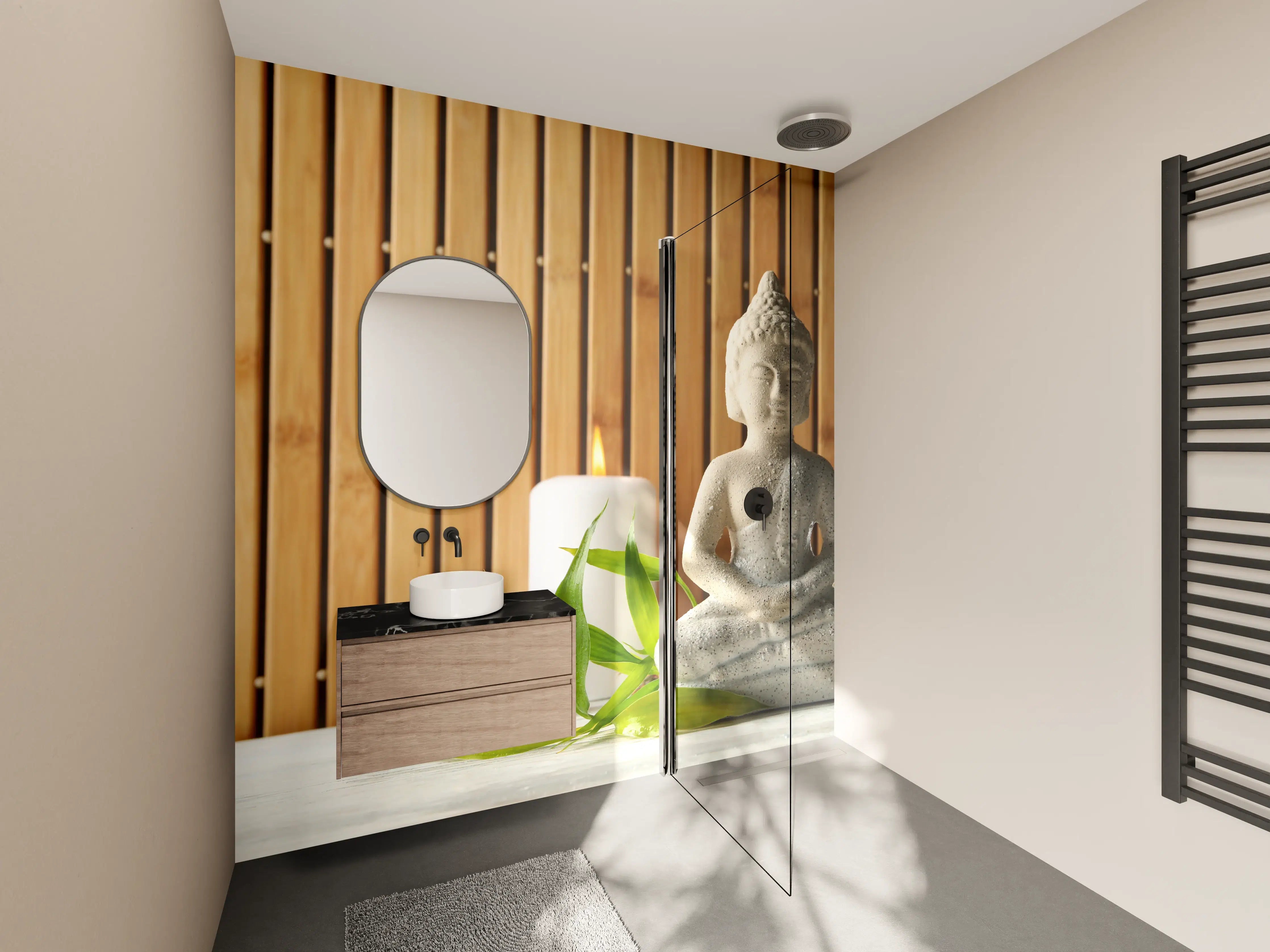 Wandverkleidung Bad - Meditativer Buddhastatue mit Kerzen und grünen Blättern
