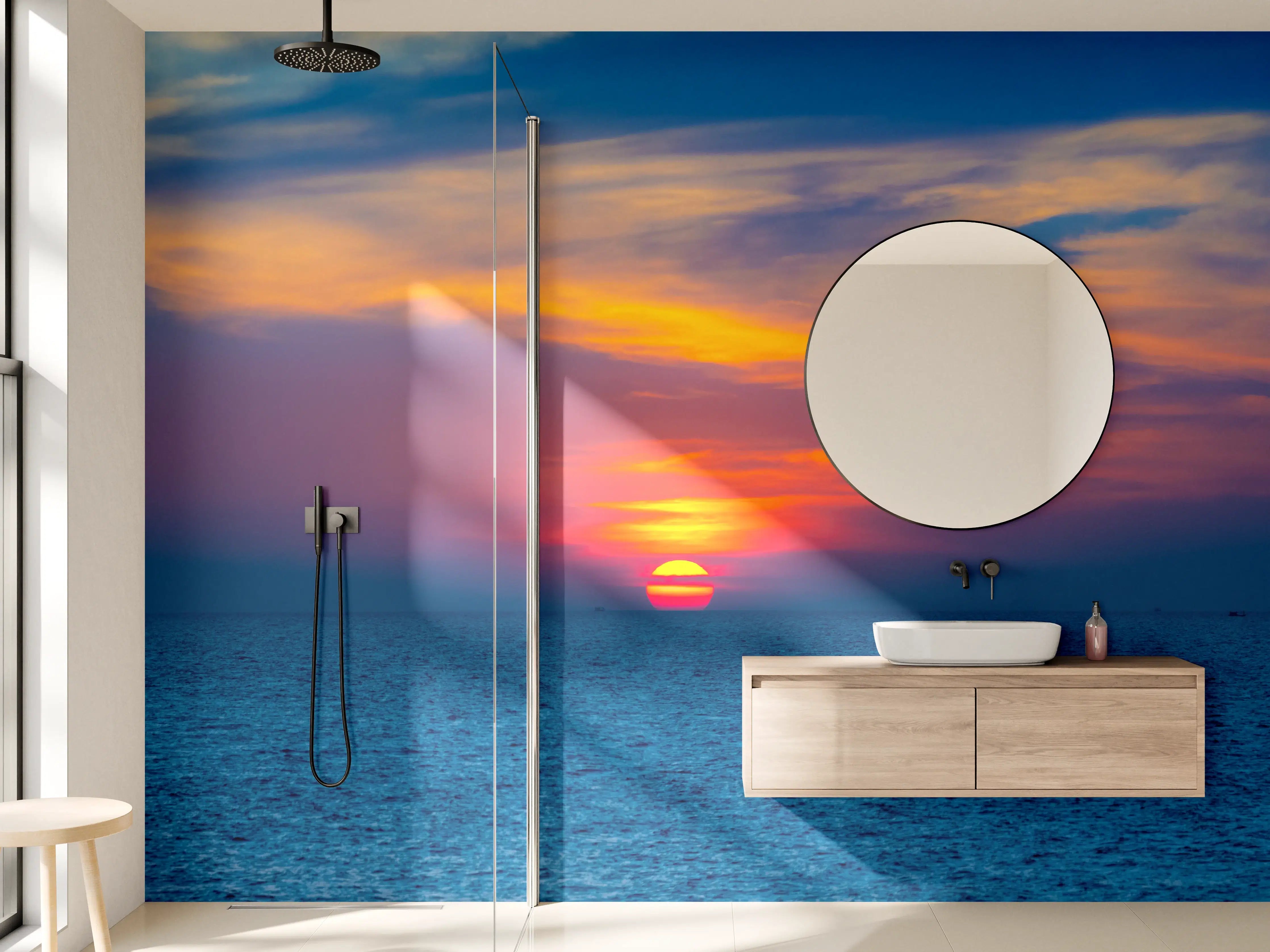 Wandverkleidung Bad - Meer-Sonnenuntergang Blau-Orange