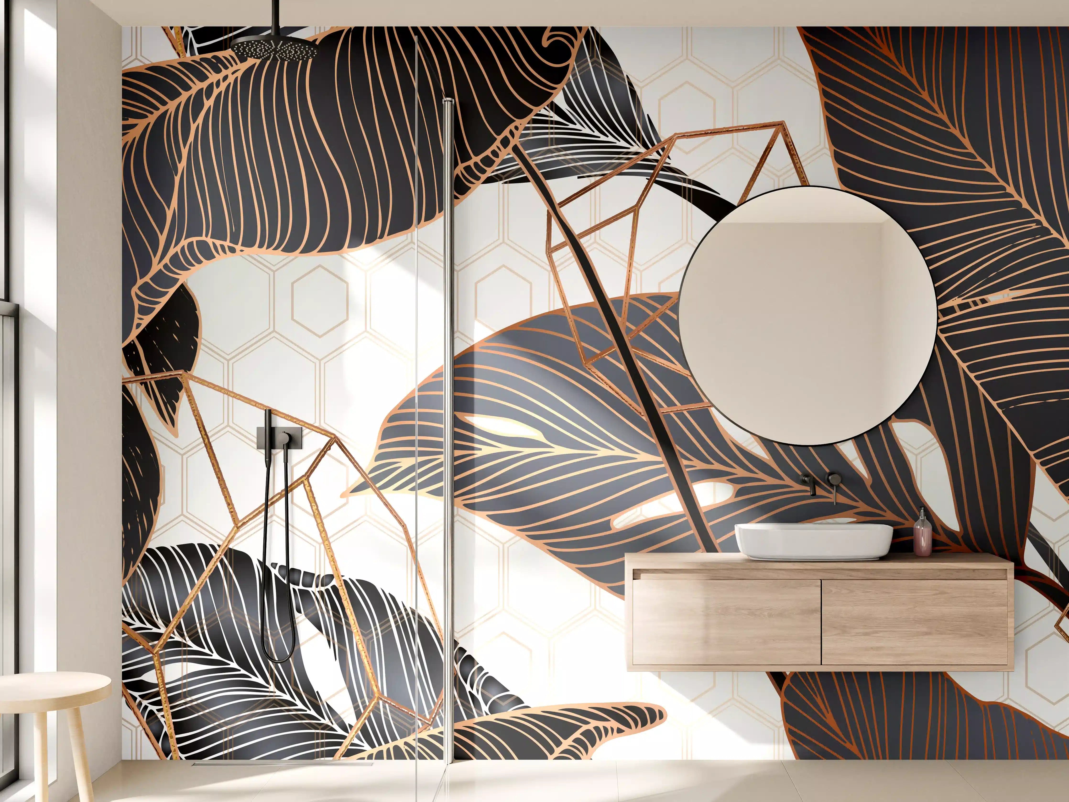 Wandverkleidung Bad - Metallische Blatt-Muster Tapete