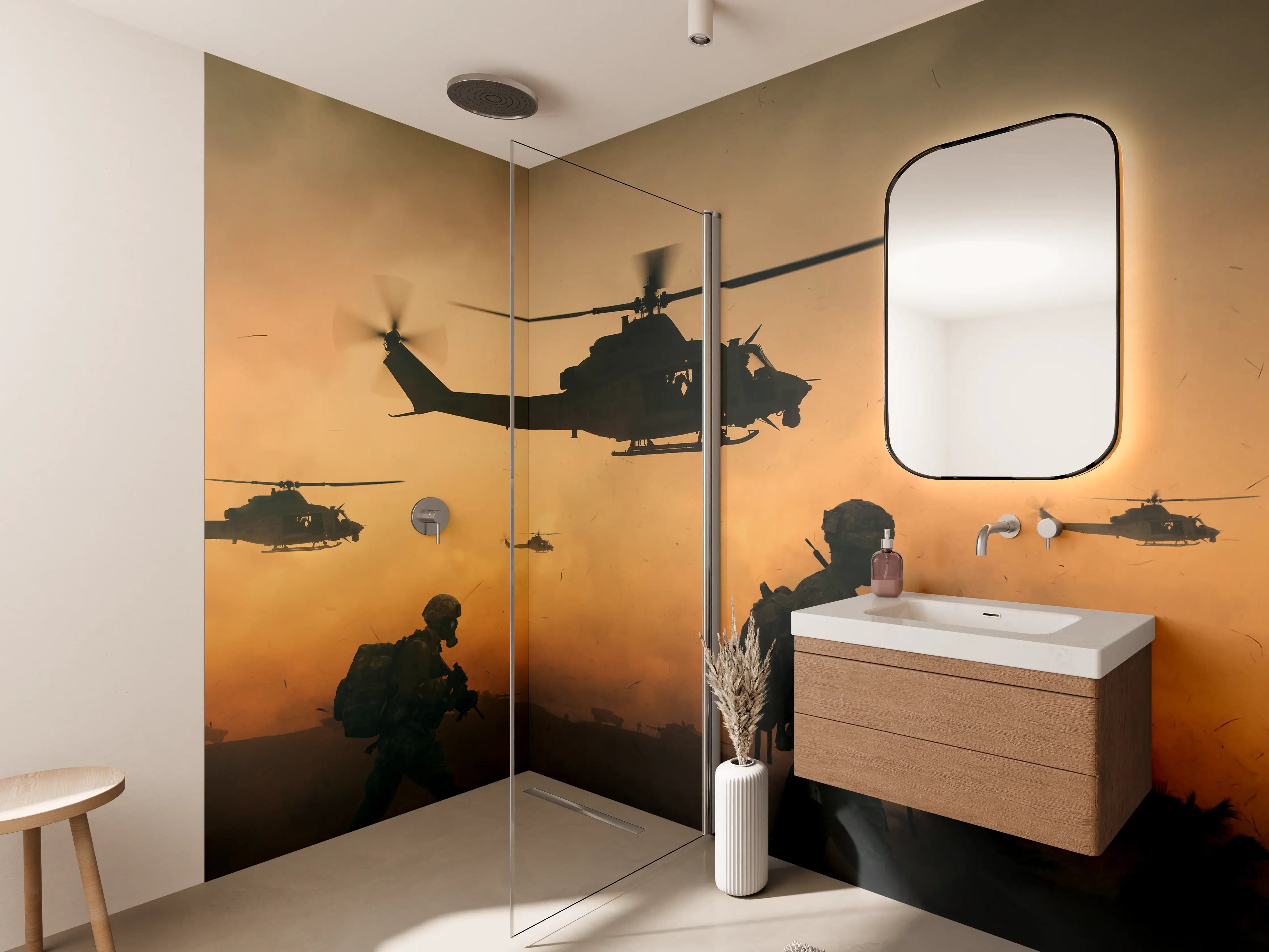 Wandverkleidung Bad - Militär und Hubschrauber auf dem Weg zum Schlachtfeld