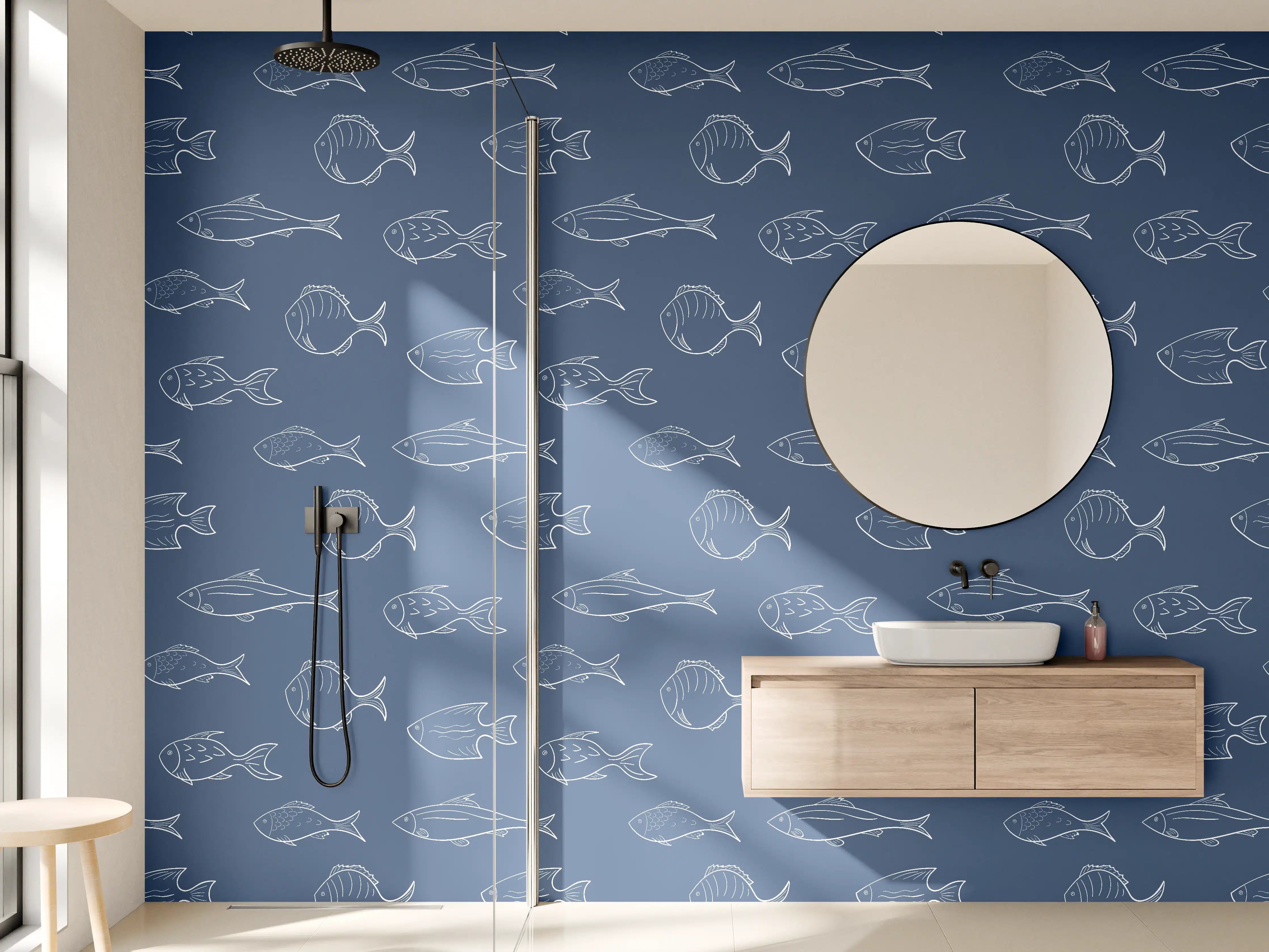 Wandverkleidung Bad - Minimal Fischmuster Blau