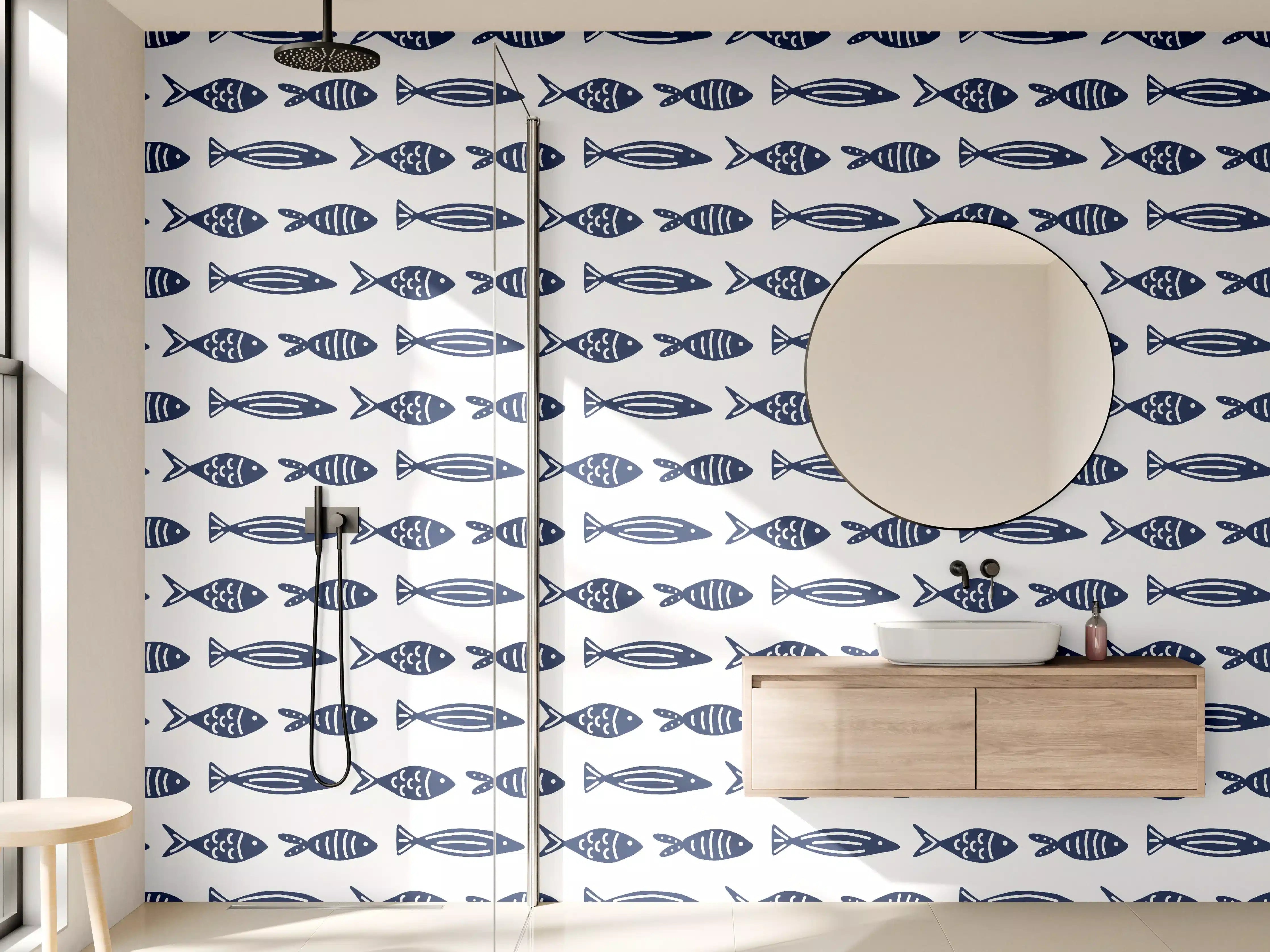 Wandverkleidung Bad - Minimalistische Fische Blau-Weiß
