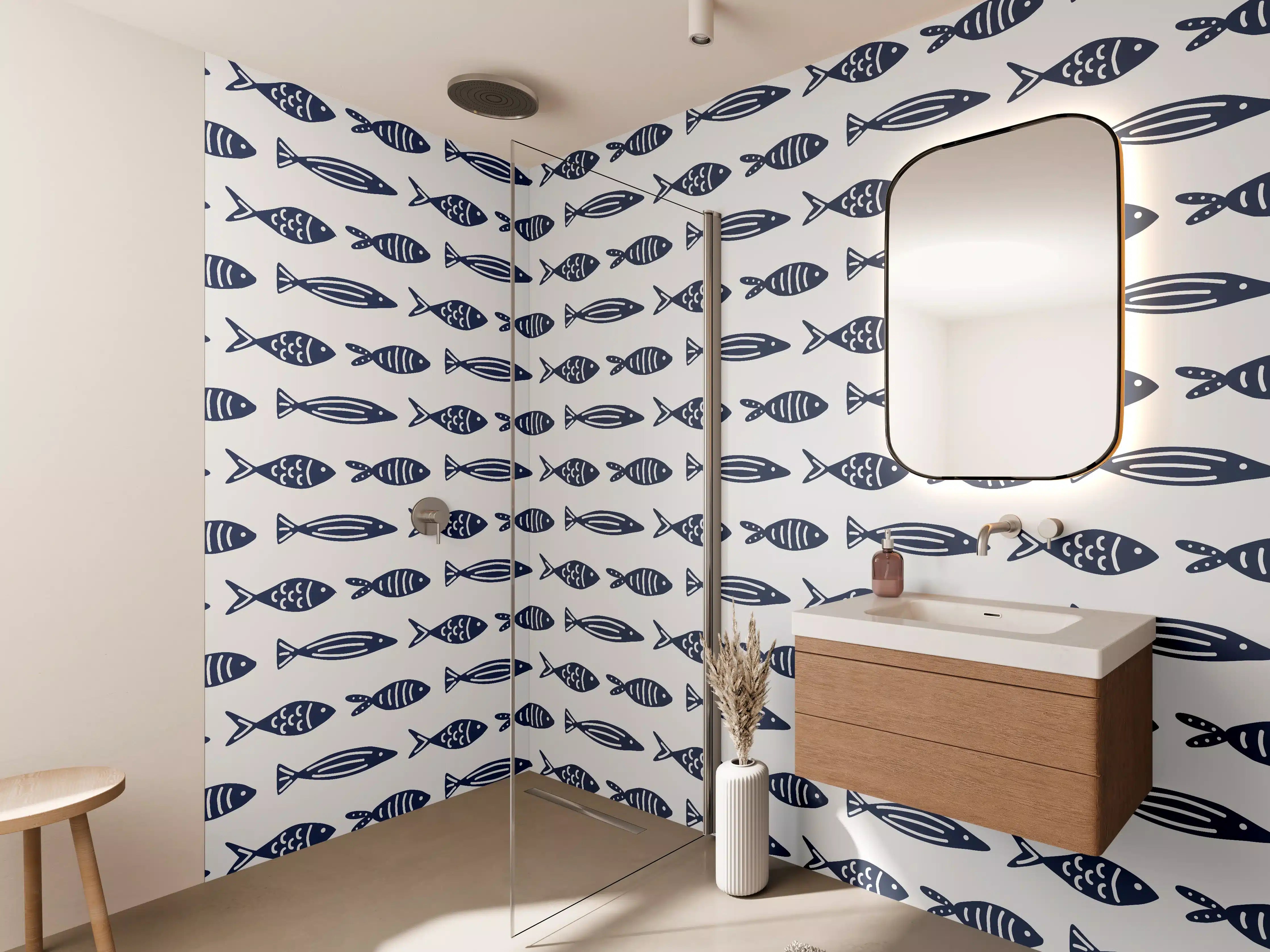 Wandverkleidung Bad - Minimalistische Fische Blau-Weiß