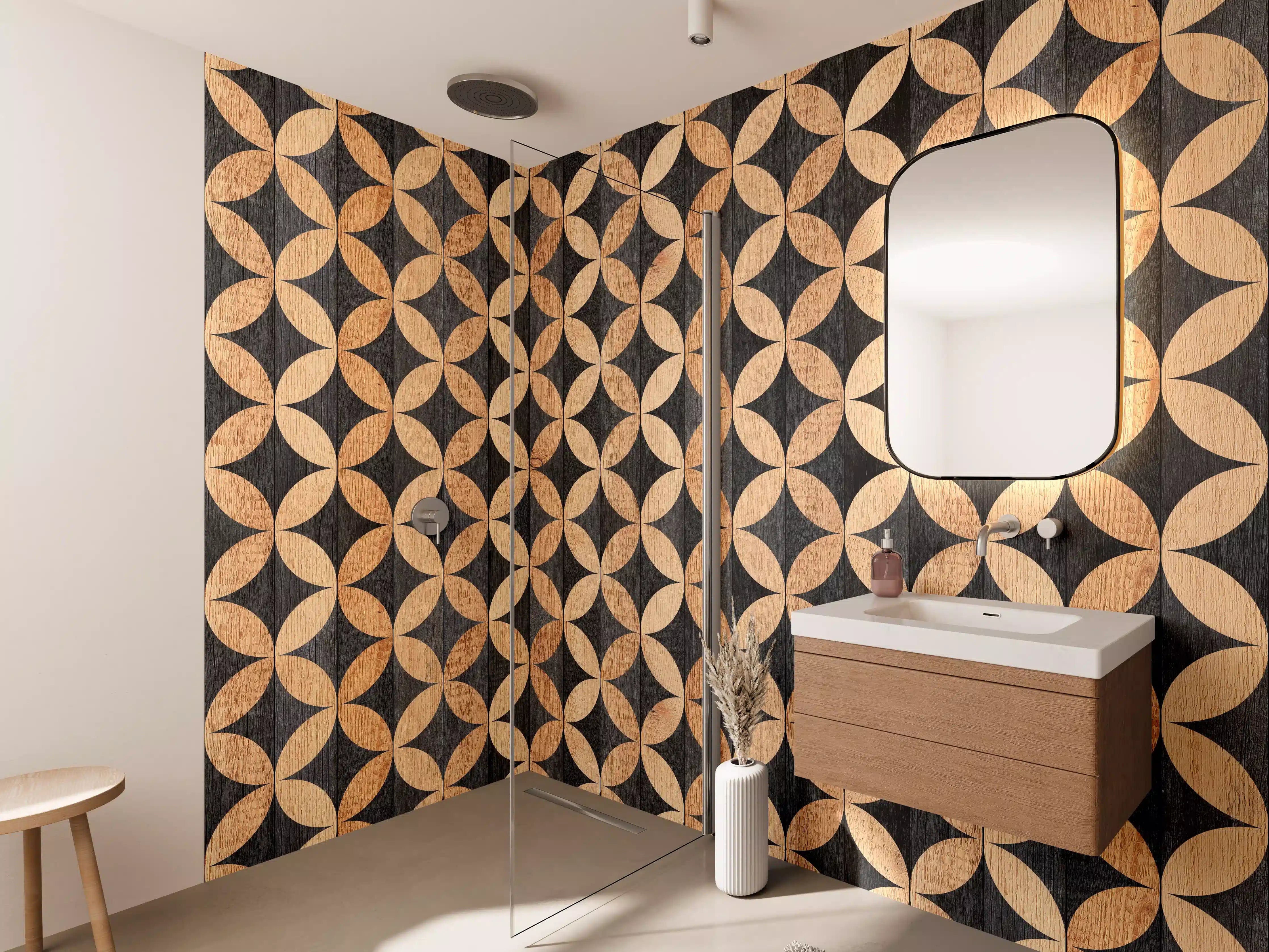 Wandverkleidung Bad - Moderne Holz-Musterfliese mit dunklem Hintergrund
