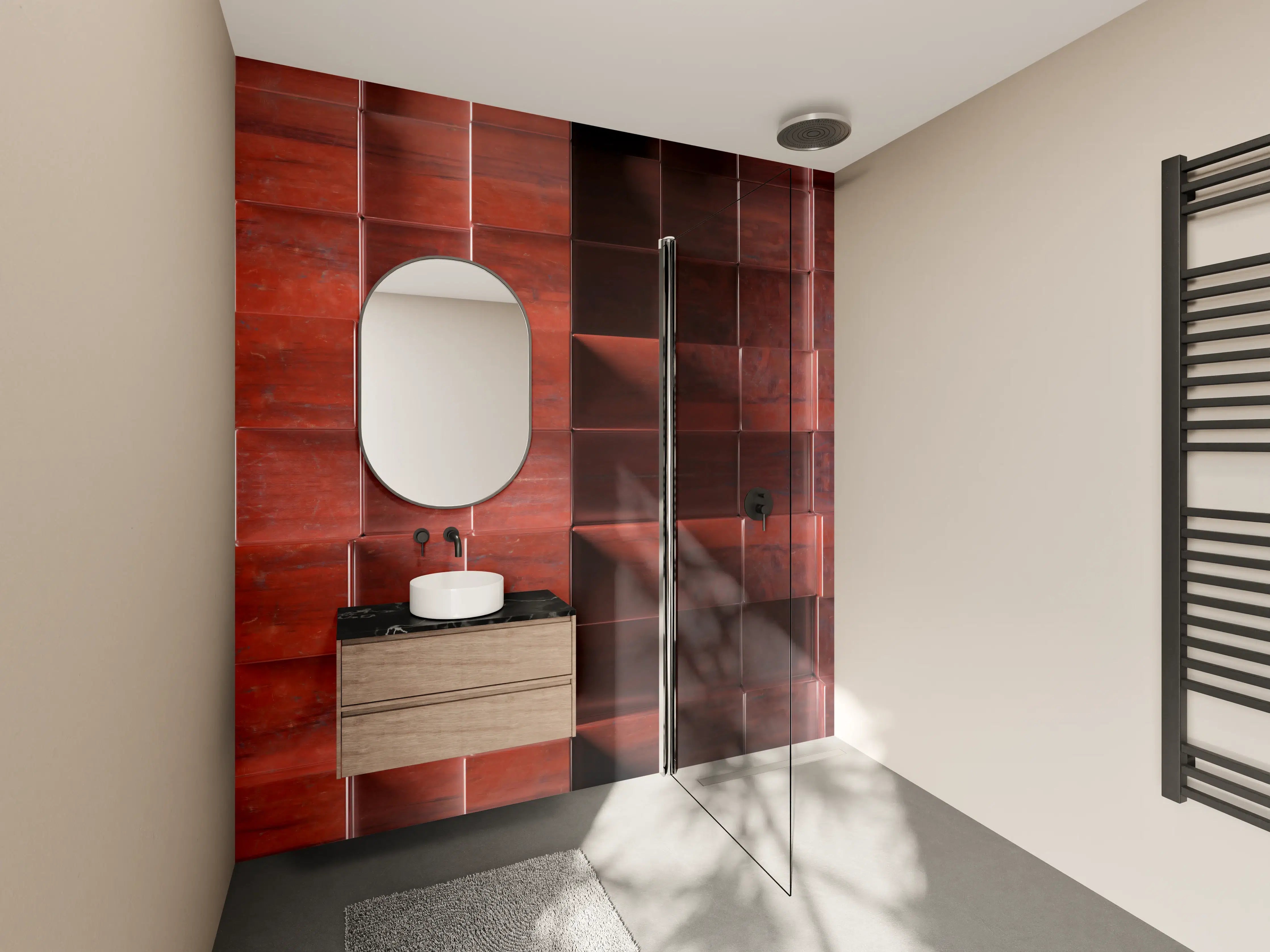 Wandverkleidung Bad - Moderne Holzstruktur mit warmen Rot- und Brauntönen