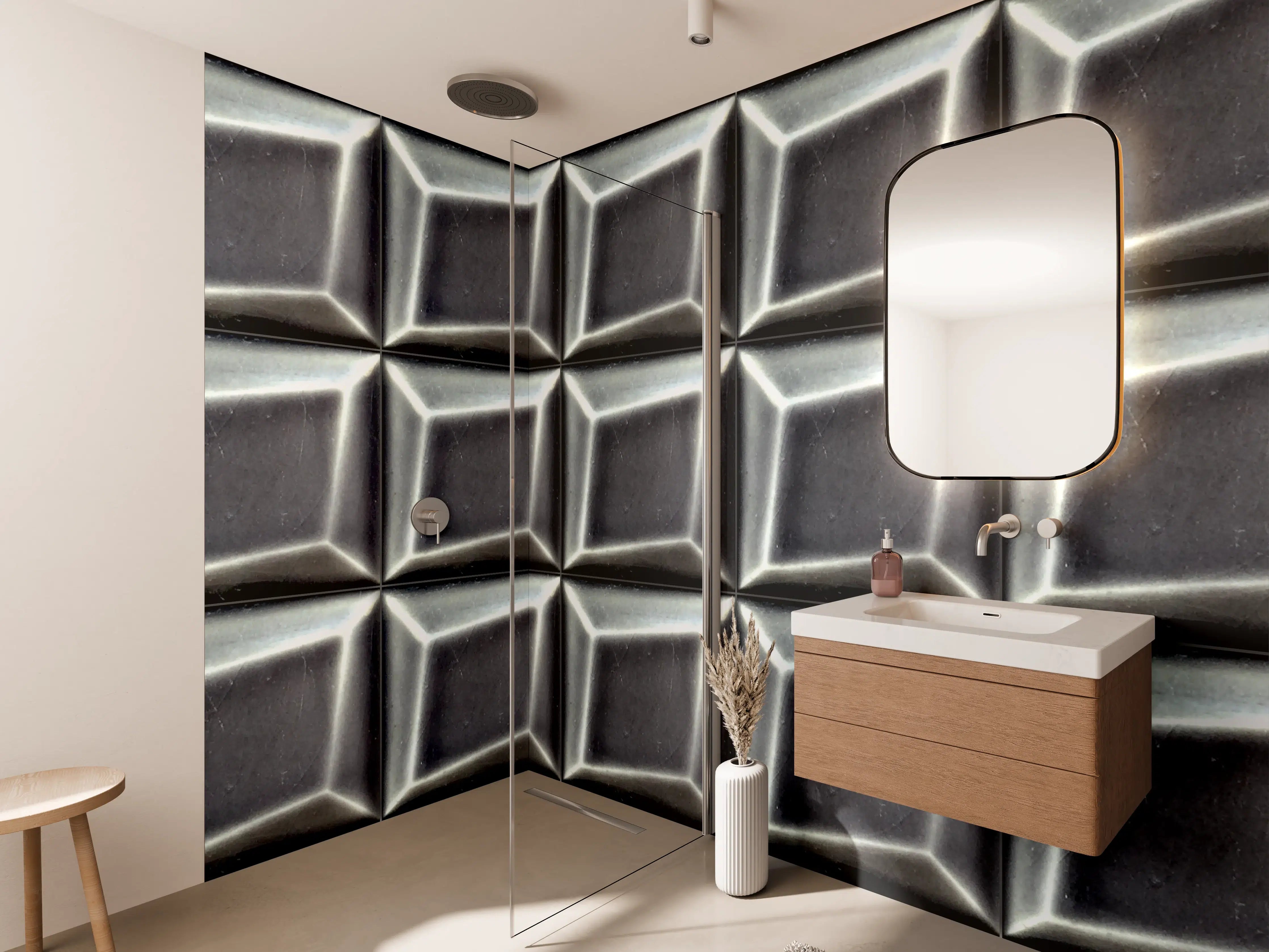 Wandverkleidung Bad - Moderne Metall-Struktur in Schwarz-Silber