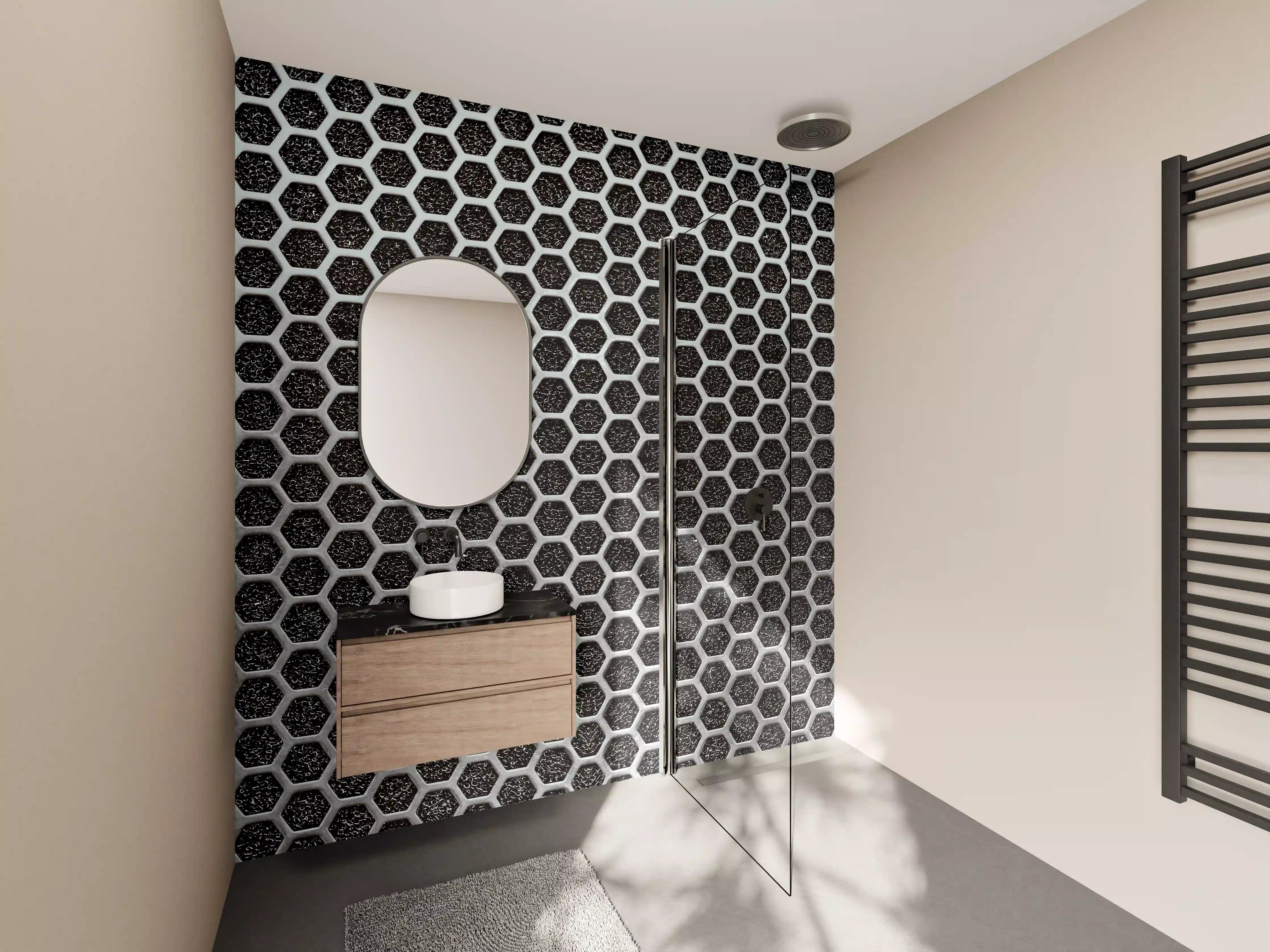 Wandverkleidung Bad - Moderne Metallgitterstruktur in Schwarz