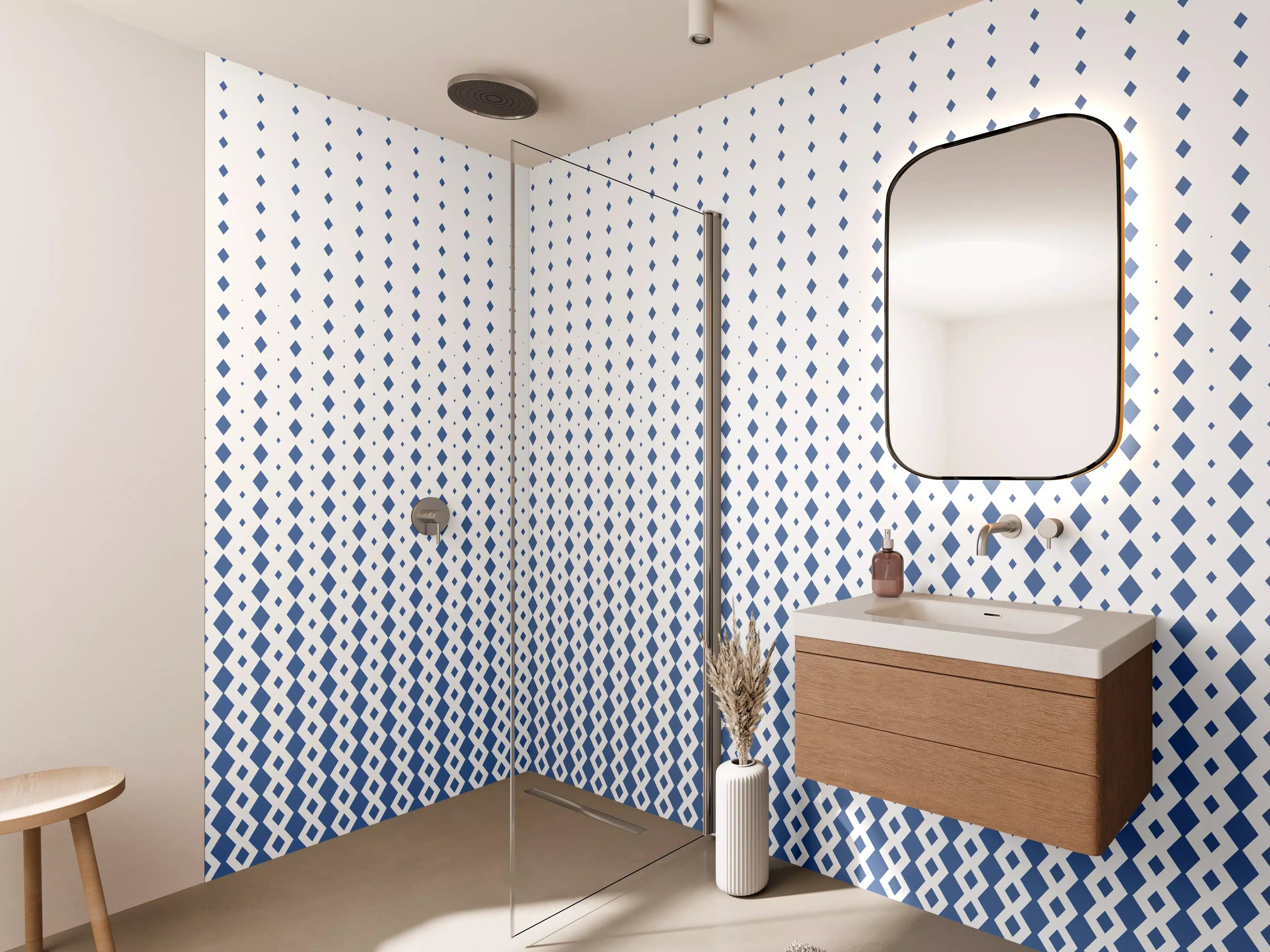 Wandverkleidung Bad - Moderne Punktermaserung in Blau und Weiß