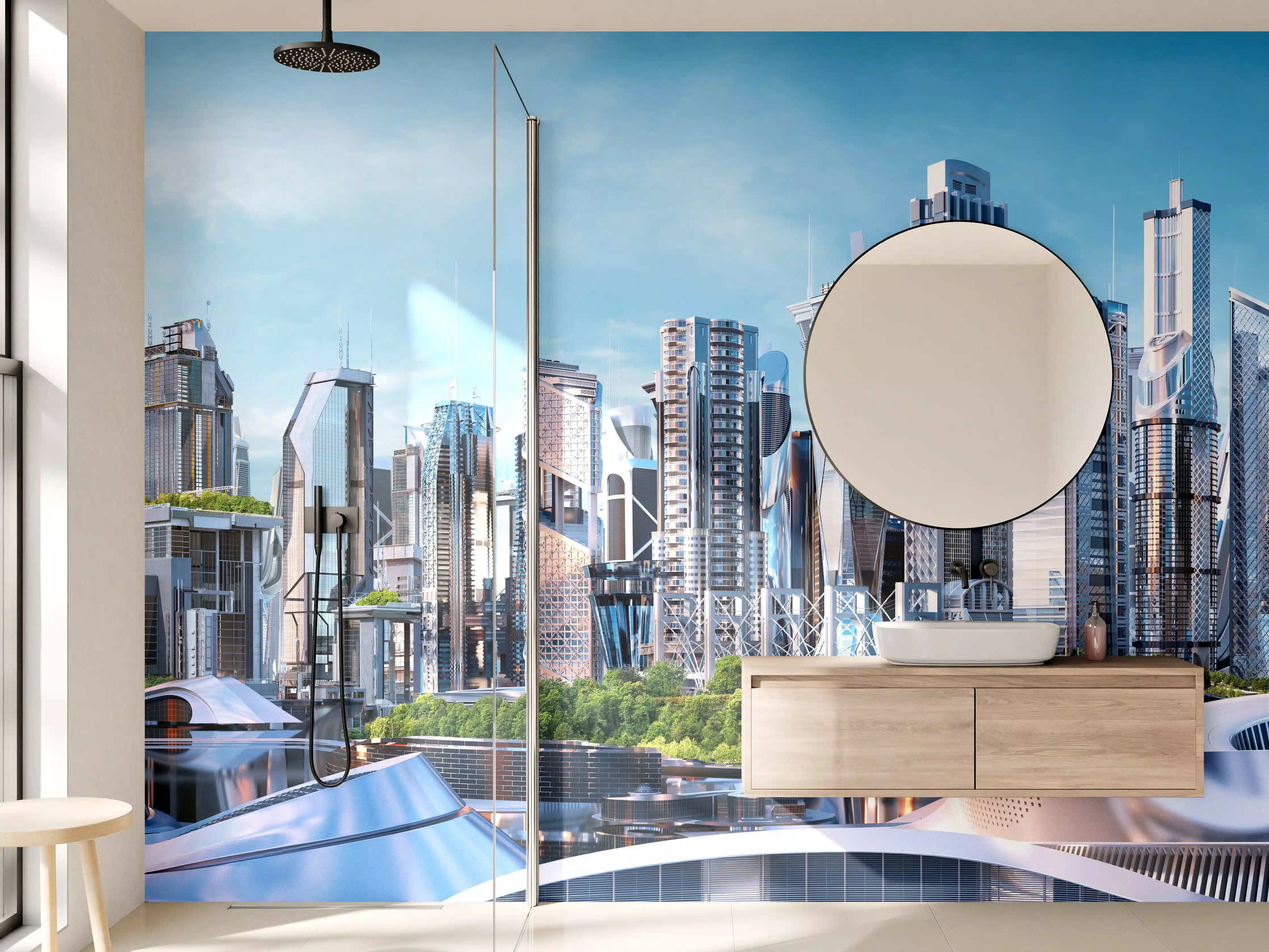 Wandverkleidung Bad - Moderne Skyline in Blau und Grau