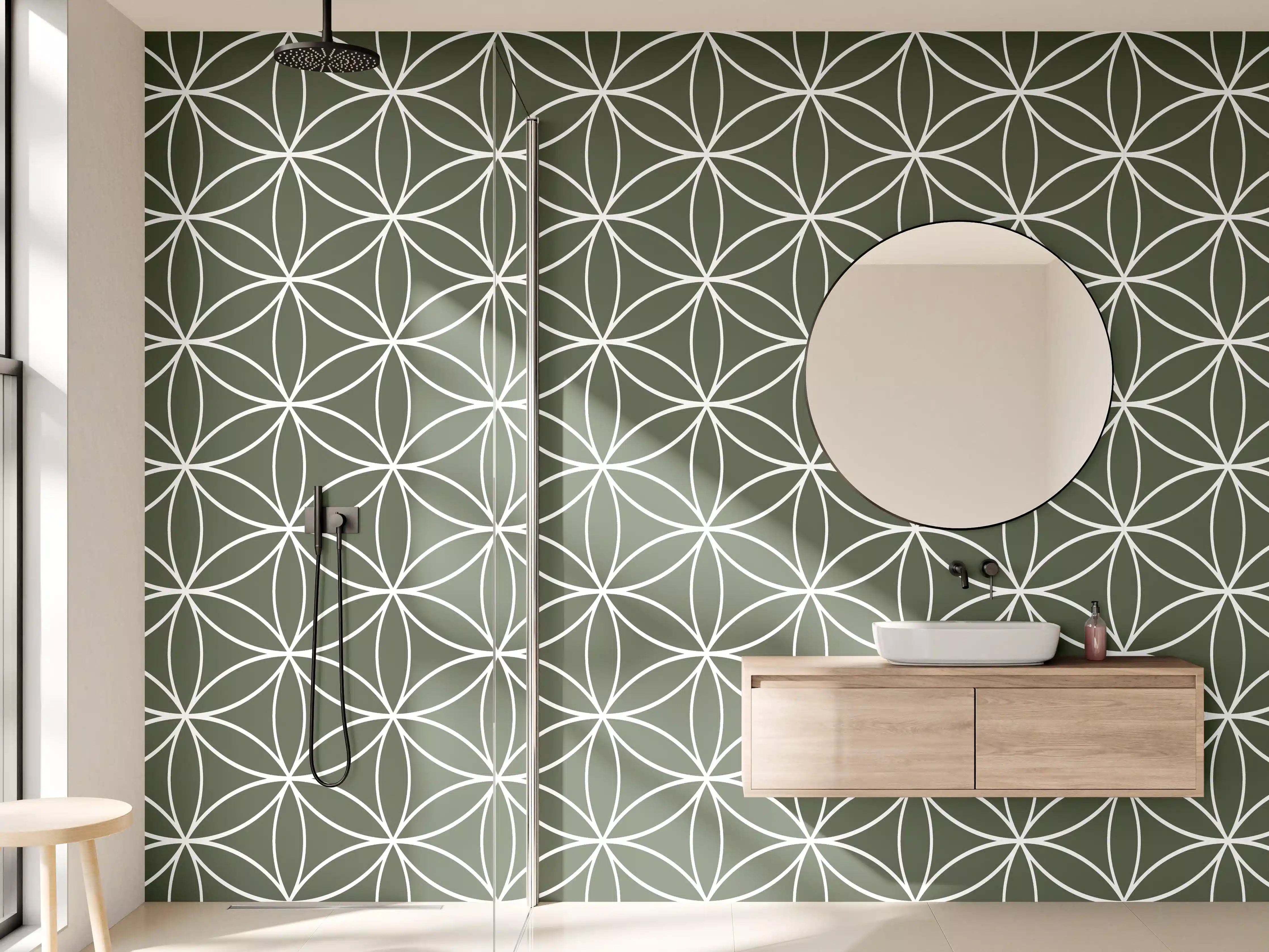 Wandverkleidung Bad - Moderne geometrische Muster in Grün und Grau