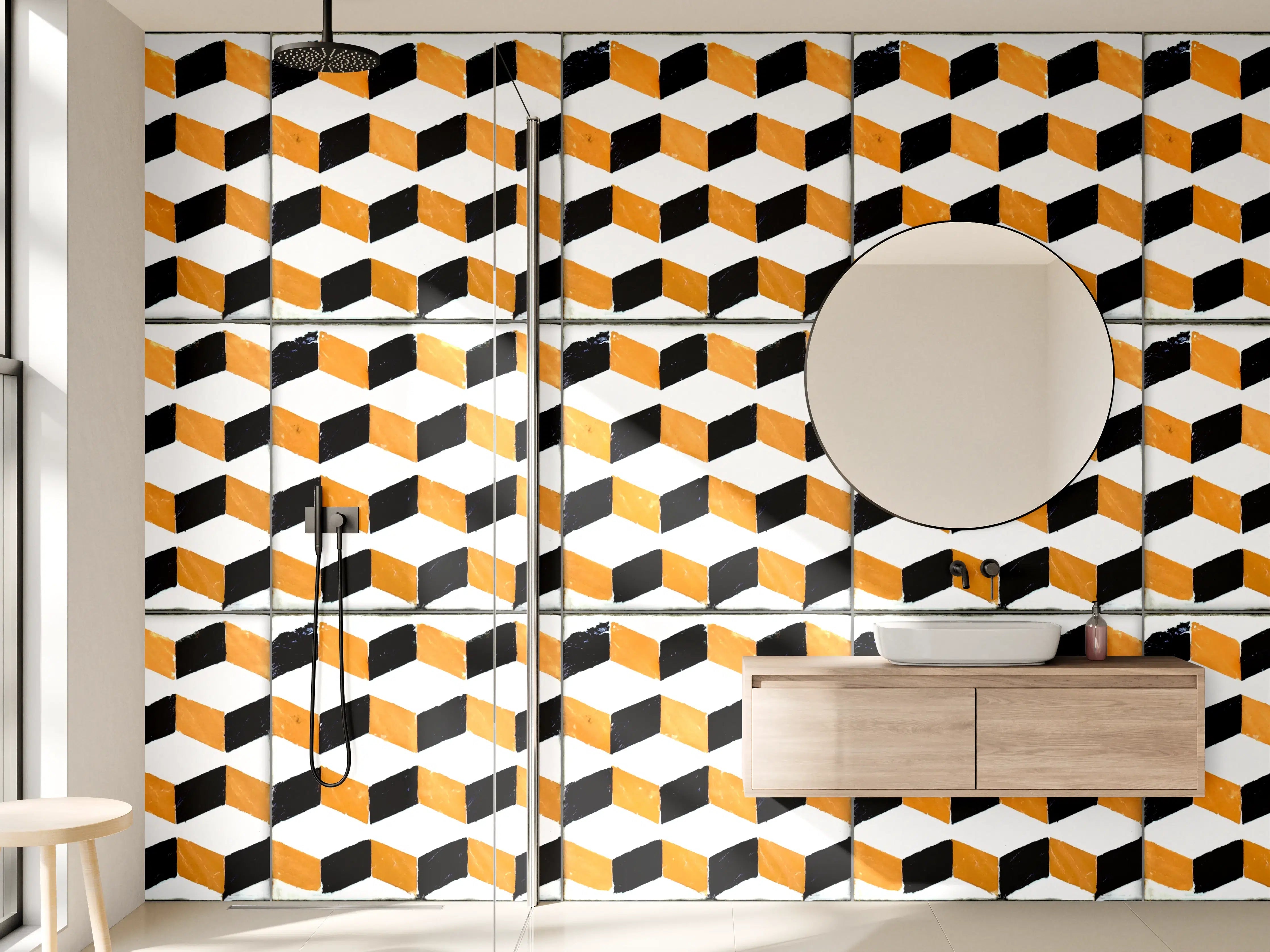 Wandverkleidung Bad - Moderne geometrische Muster in Schwarz, Weiß und Orange
