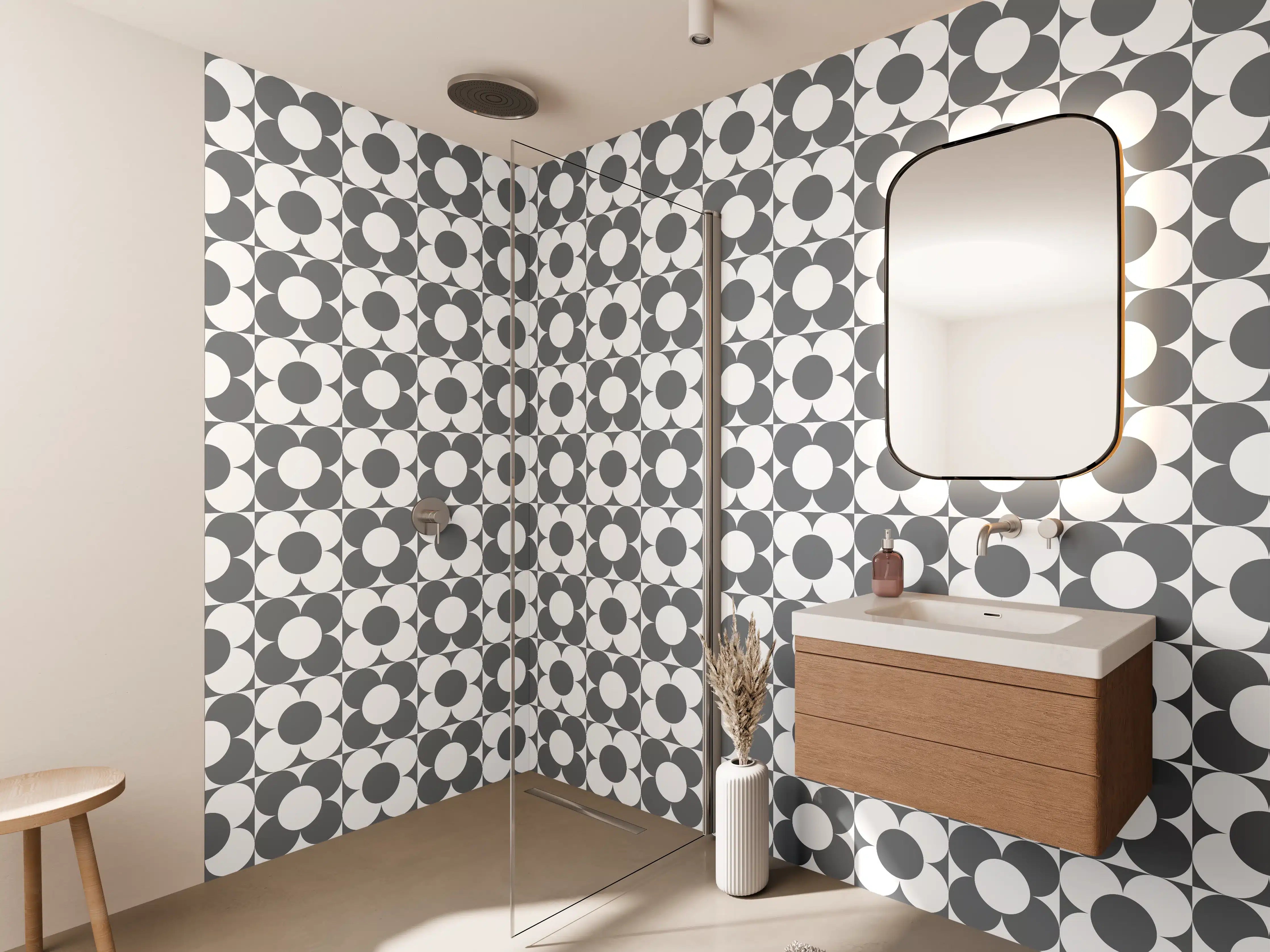 Wandverkleidung Bad - Moderne geometrische Muster mit Grau- und Weißtönen