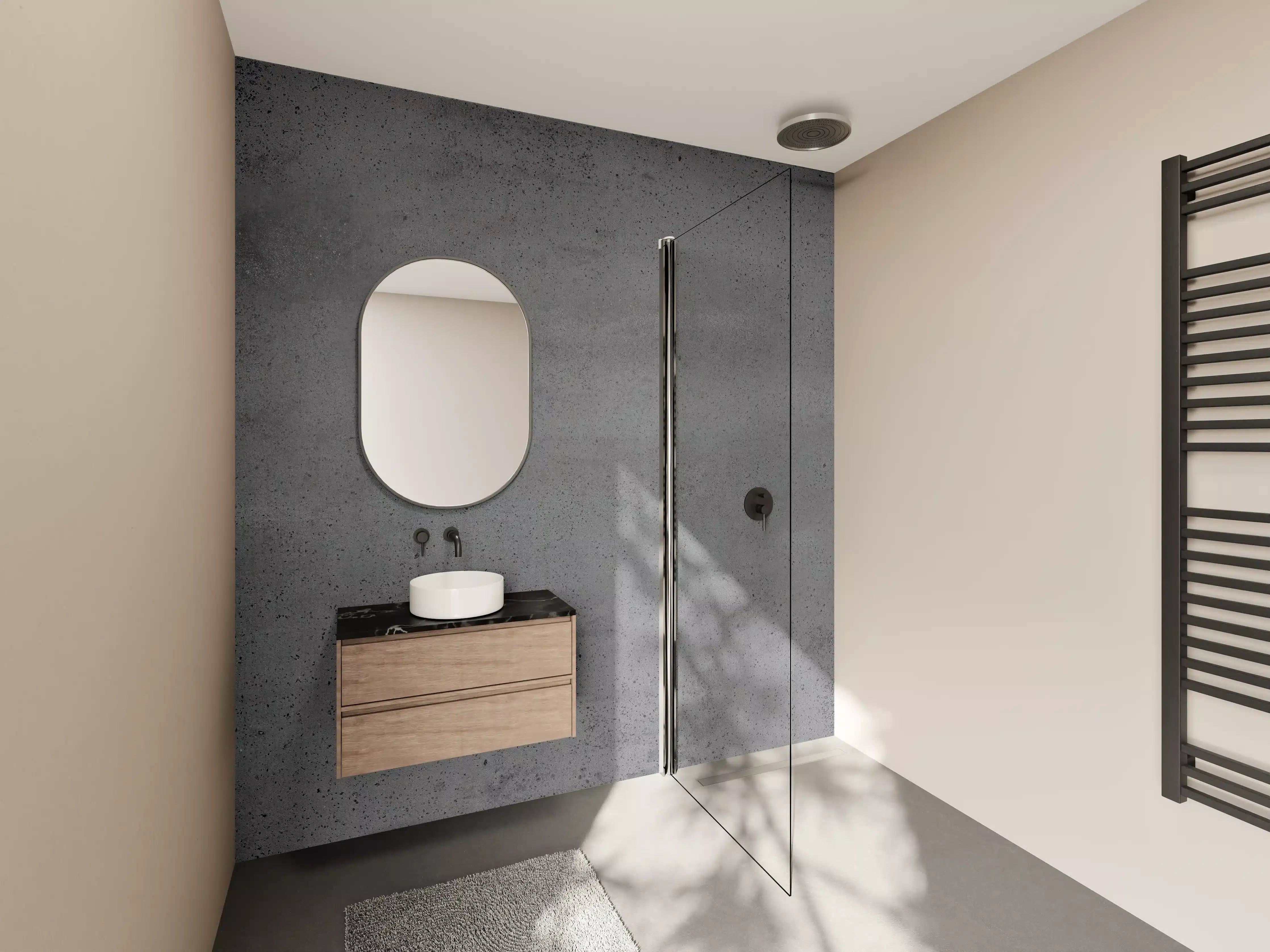 Wandverkleidung Bad - Moderne graue Betonwand mit strukturierter Oberfläche.