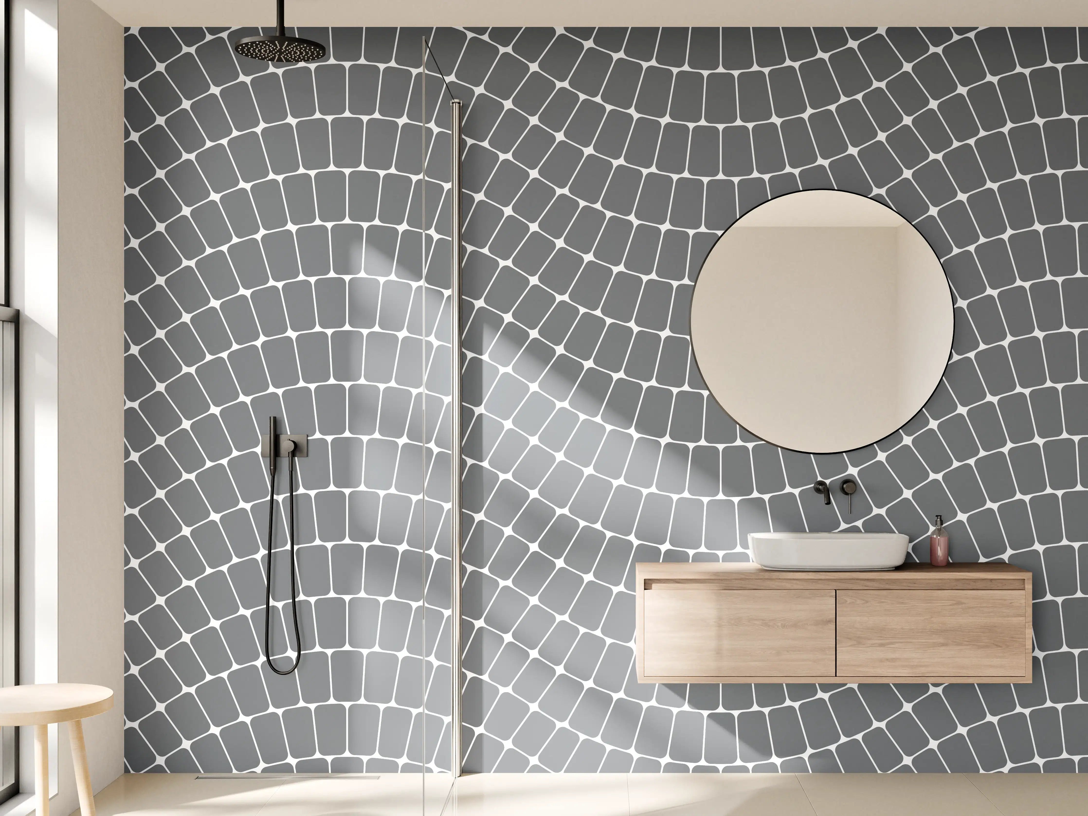 Wandverkleidung Bad - Moderne graue Geometrie mit weißen Linien