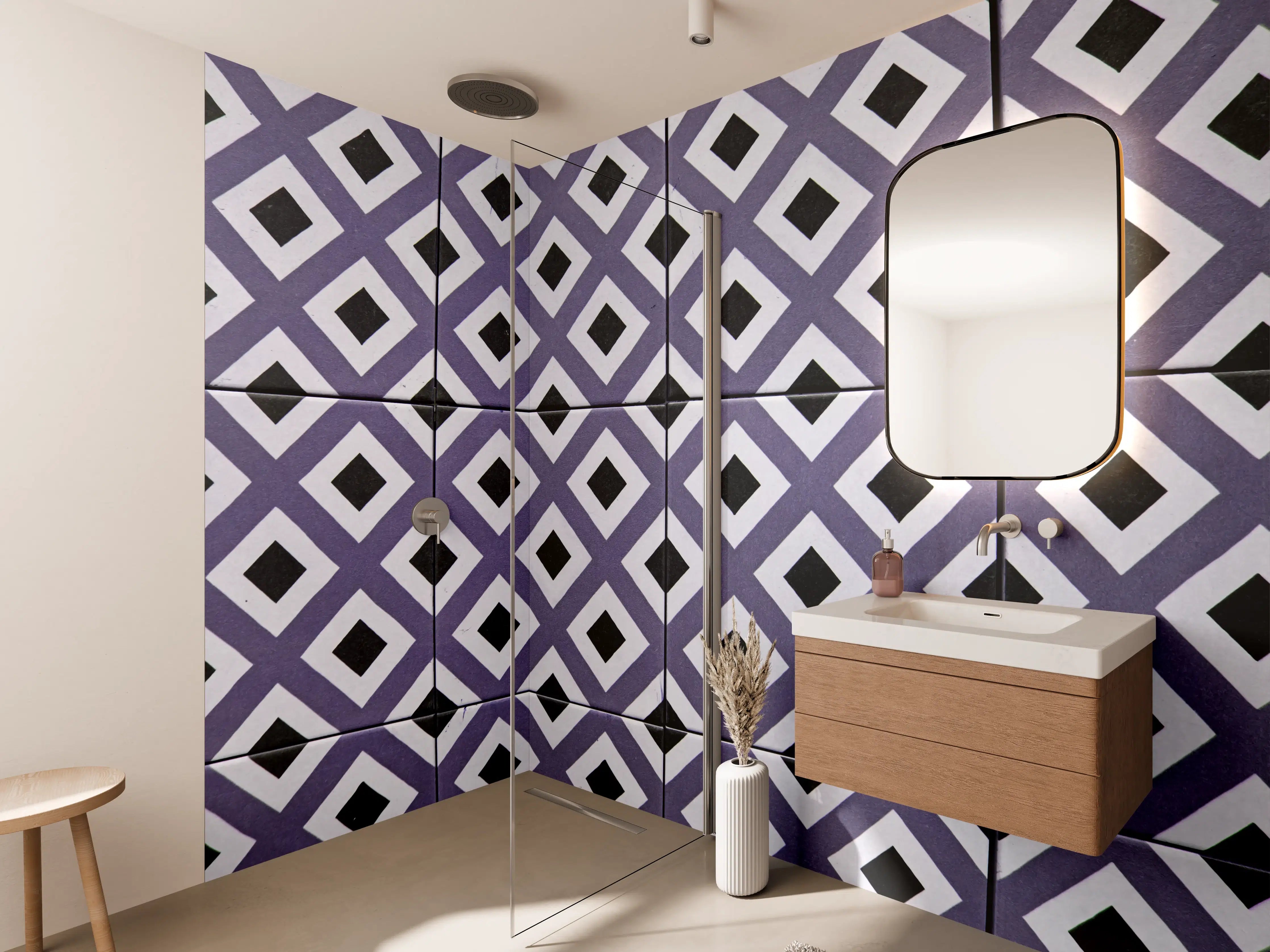 Wandverkleidung Bad - Moderne violette und schwarze Fliesen mit geometrischem Muster