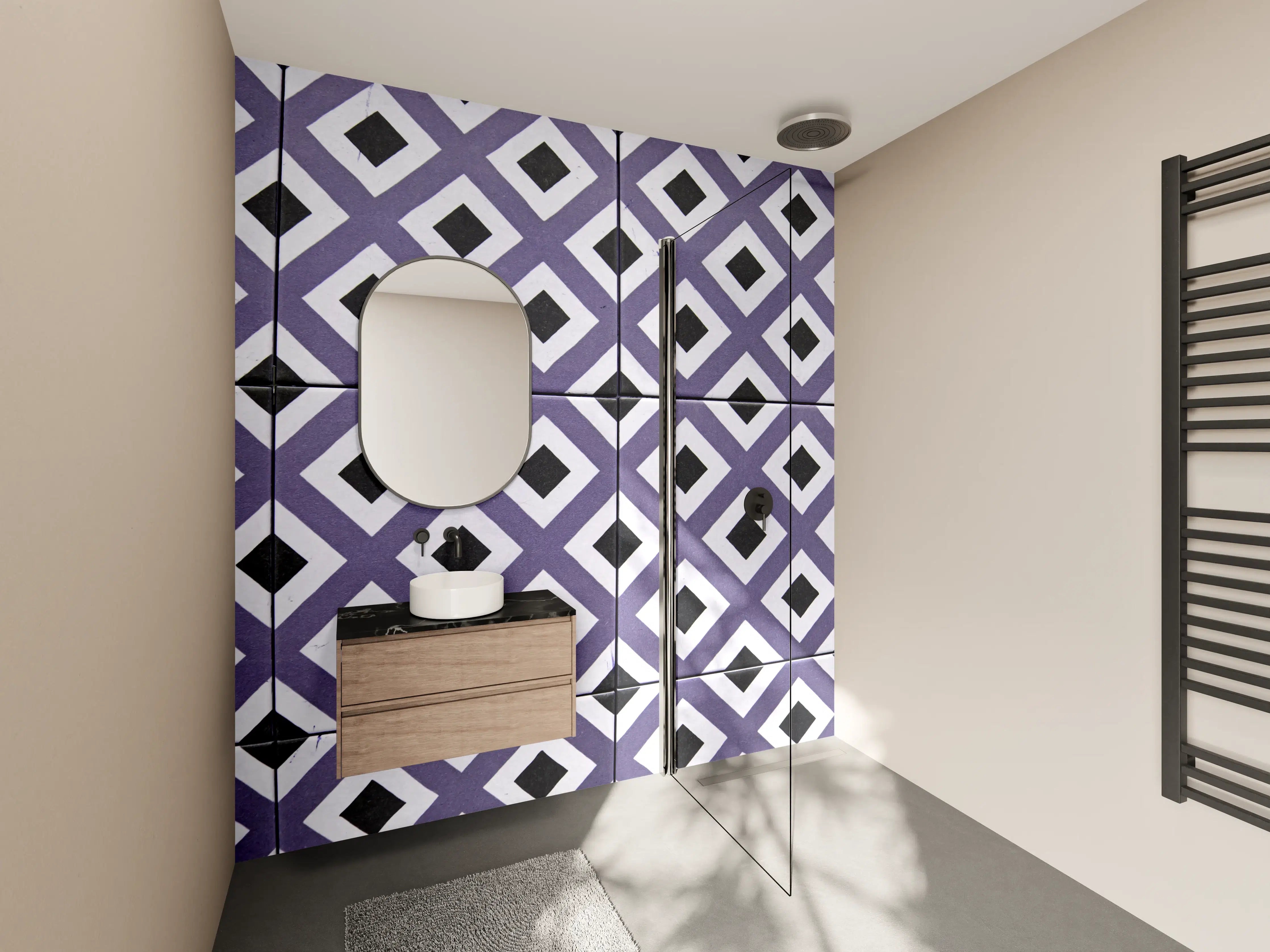 Wandverkleidung Bad - Moderne violette und schwarze Fliesen mit geometrischem Muster