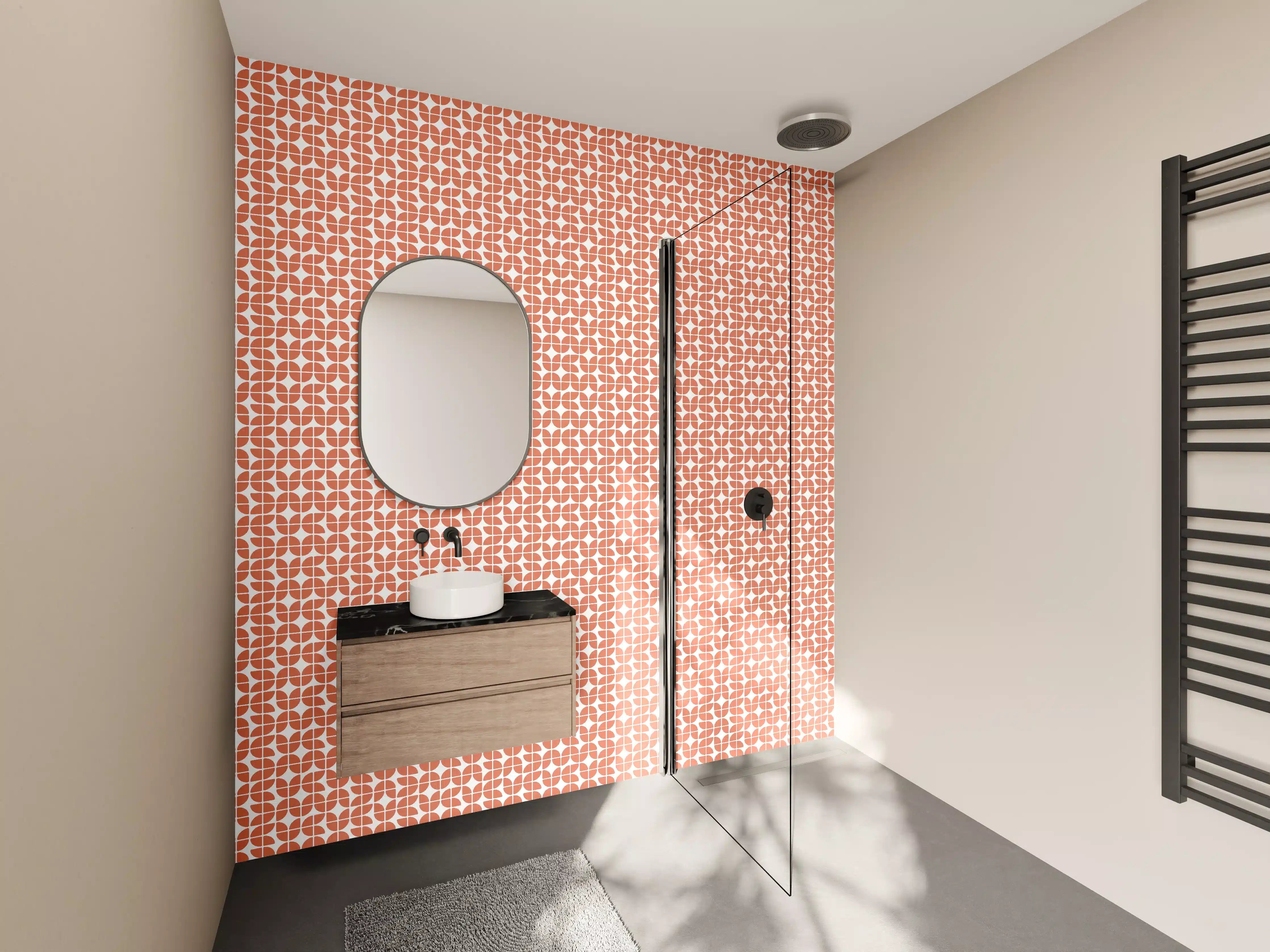 Wandverkleidung Bad - Moderne, geometrische Fliesenmuster in warmen Terrakottatönen