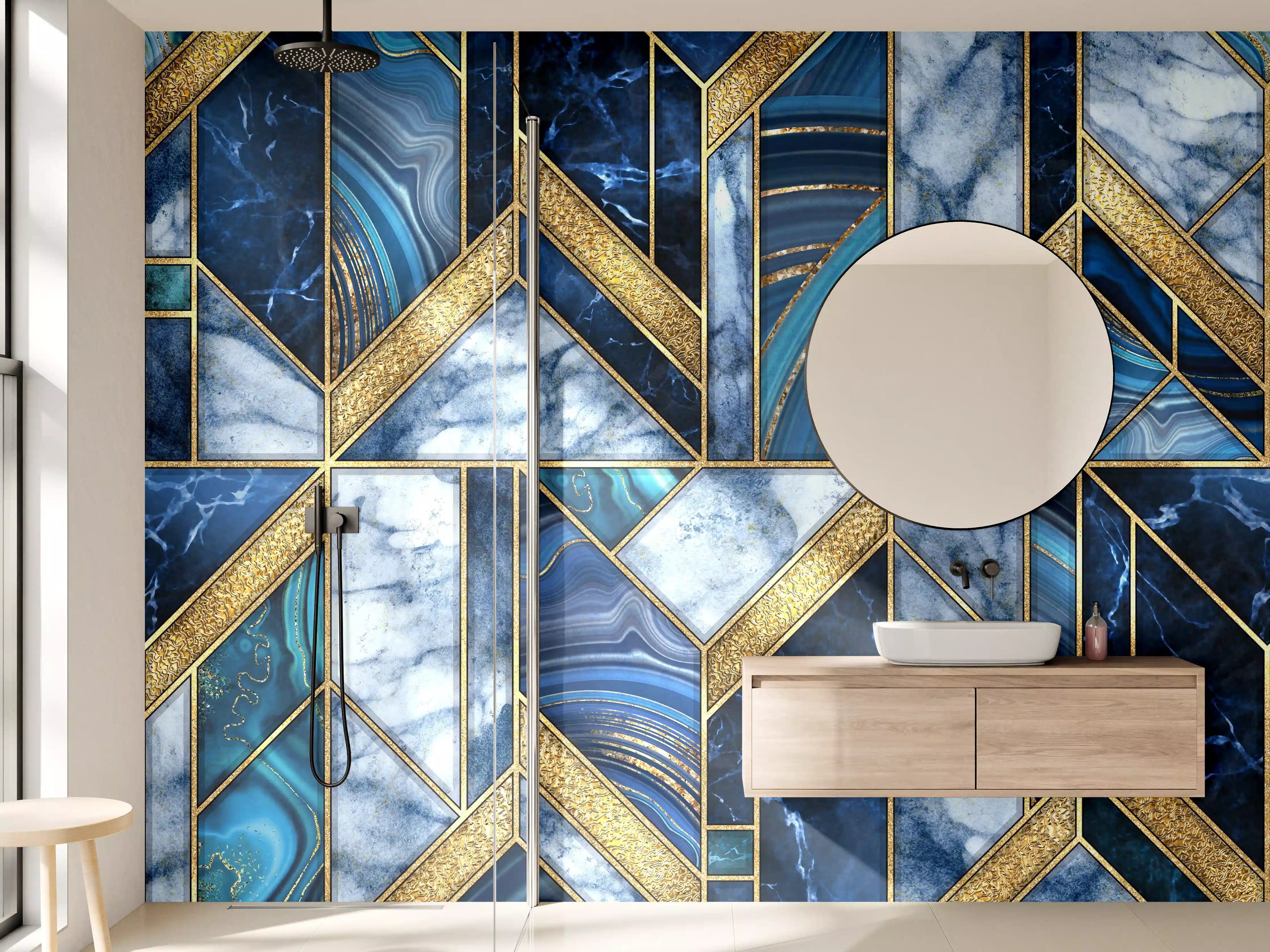Wandverkleidung Bad - Modernes Blau-Gold Mosaik