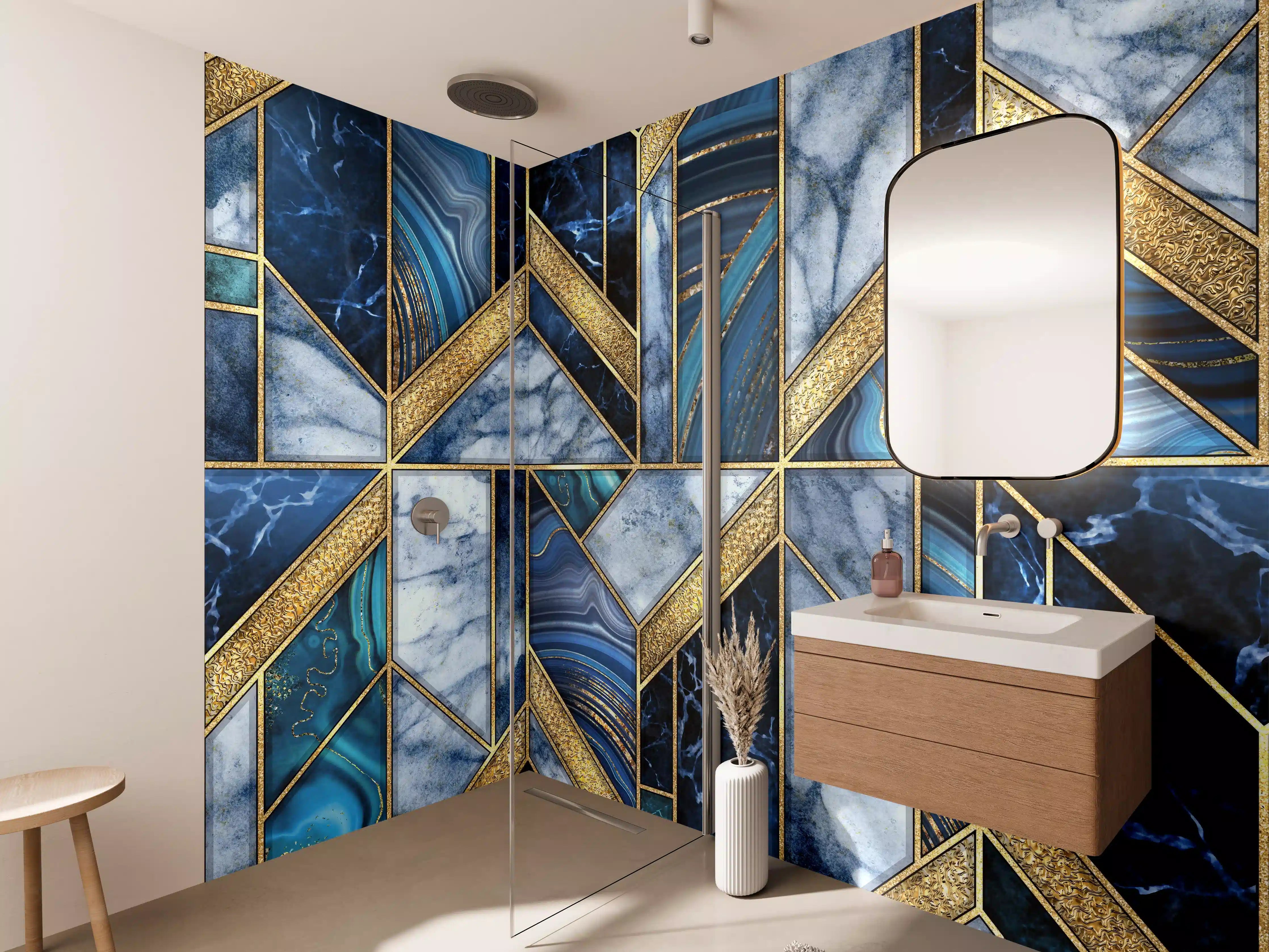 Wandverkleidung Bad - Modernes Blau-Gold Mosaik