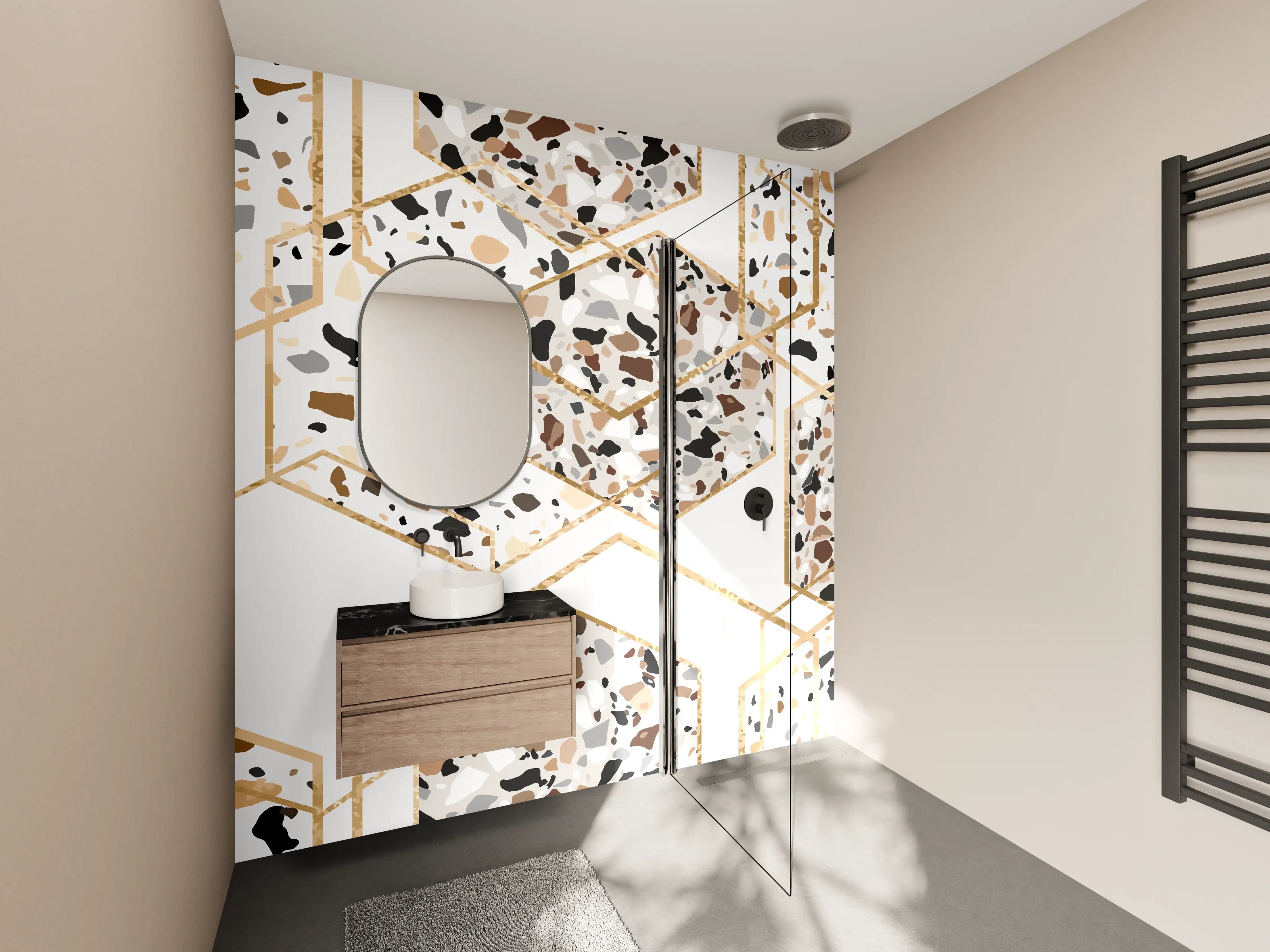 Wandverkleidung Bad - Modernes Terrazzo-Gold-Muster