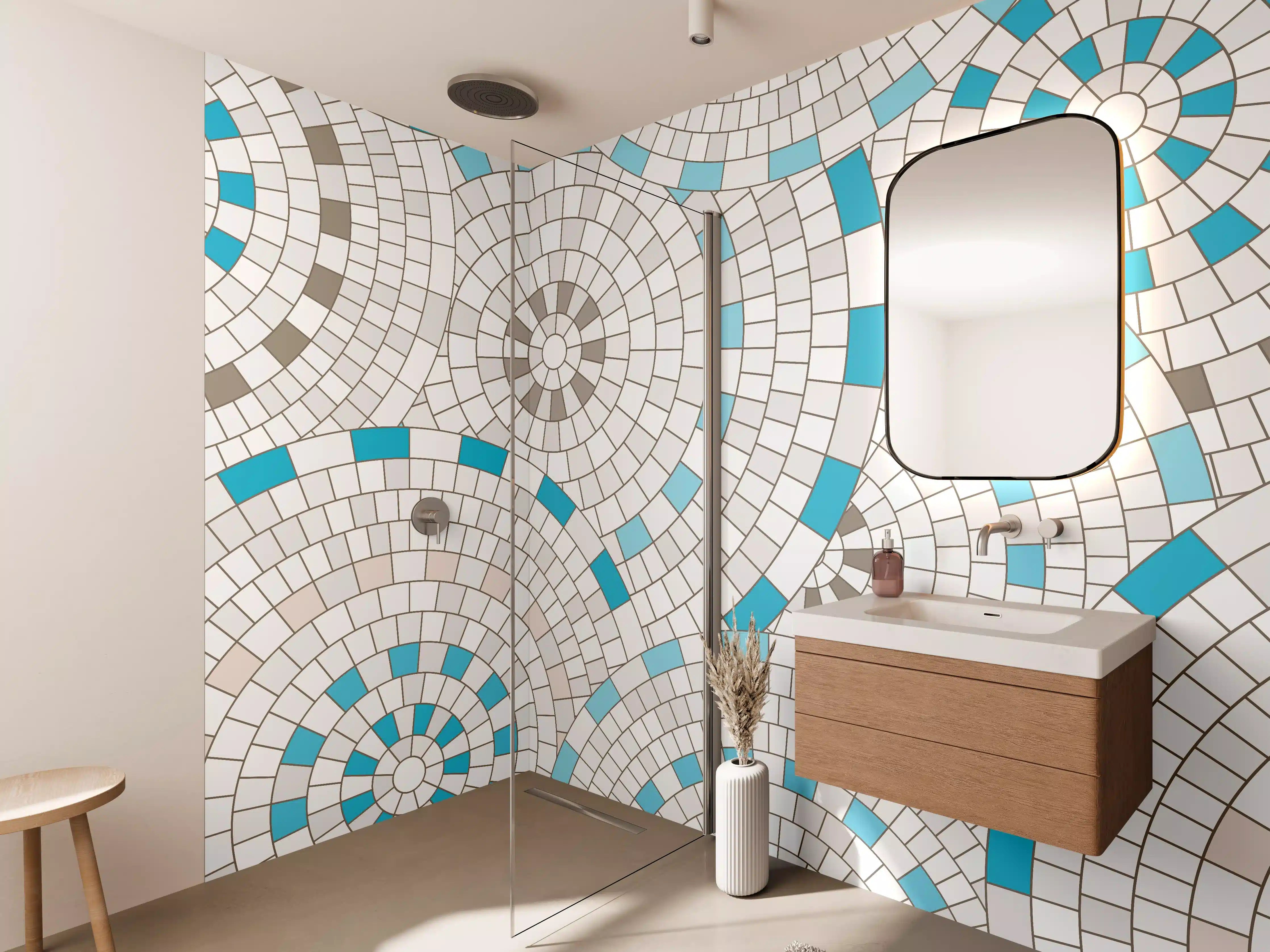 Wandverkleidung Bad - Modernes Weiß-Blau Mosaik-Design