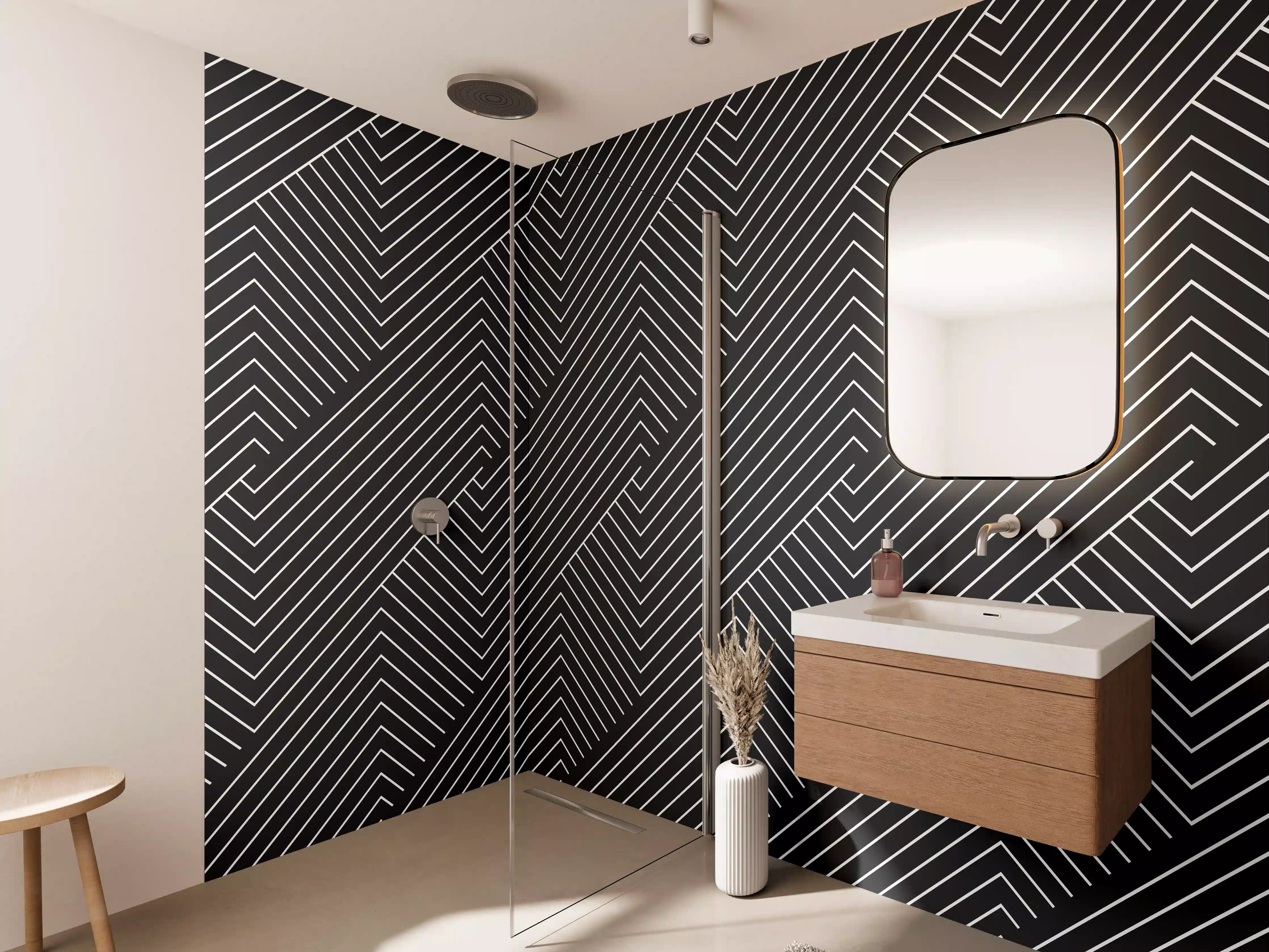 Wandverkleidung Bad - Modernes geometrisches Linienmuster in Schwarz-Weiß
